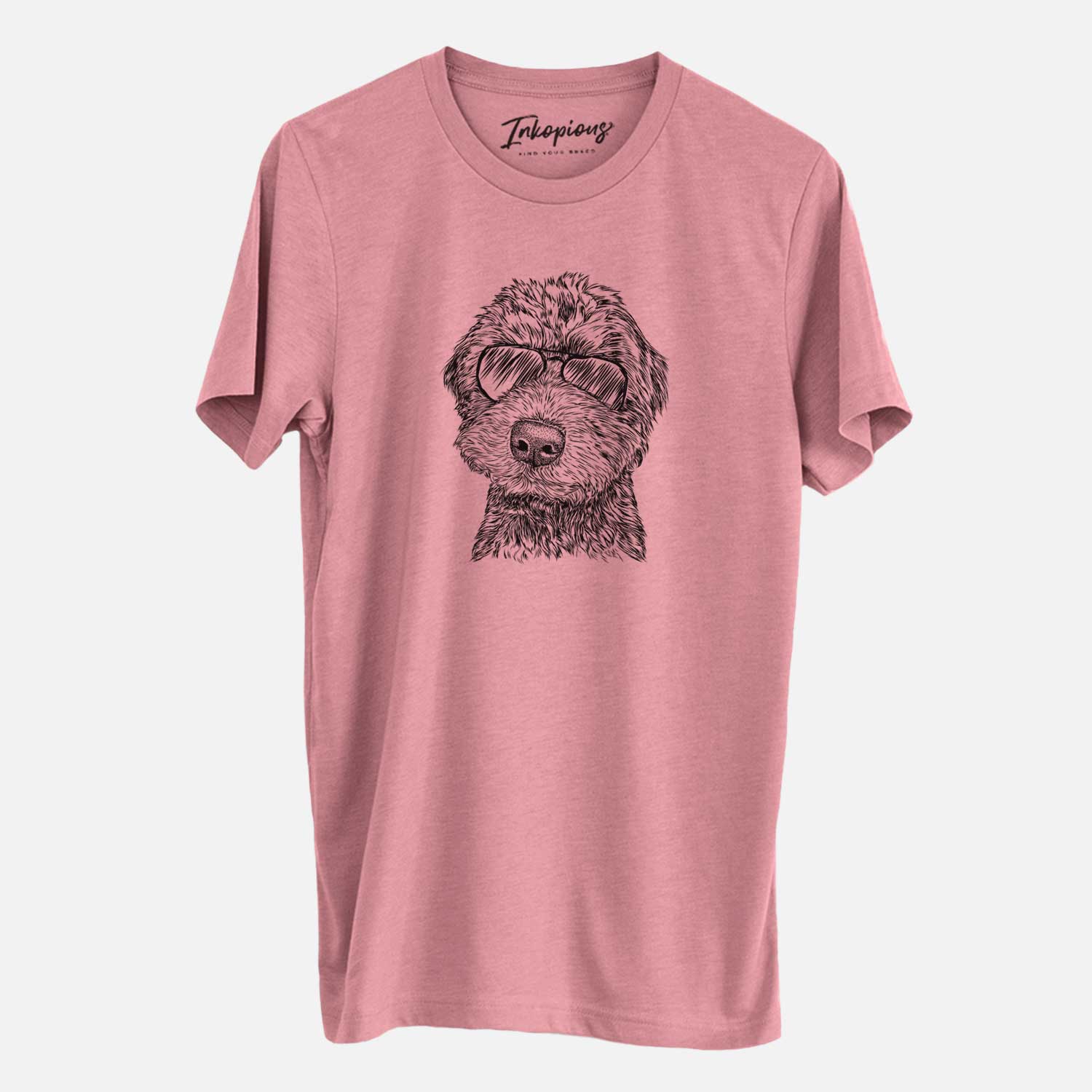 Hand-drawn sketch of Bowser the Whoodle wearing aviator sunglasses on a Mauve Unisex crewneck