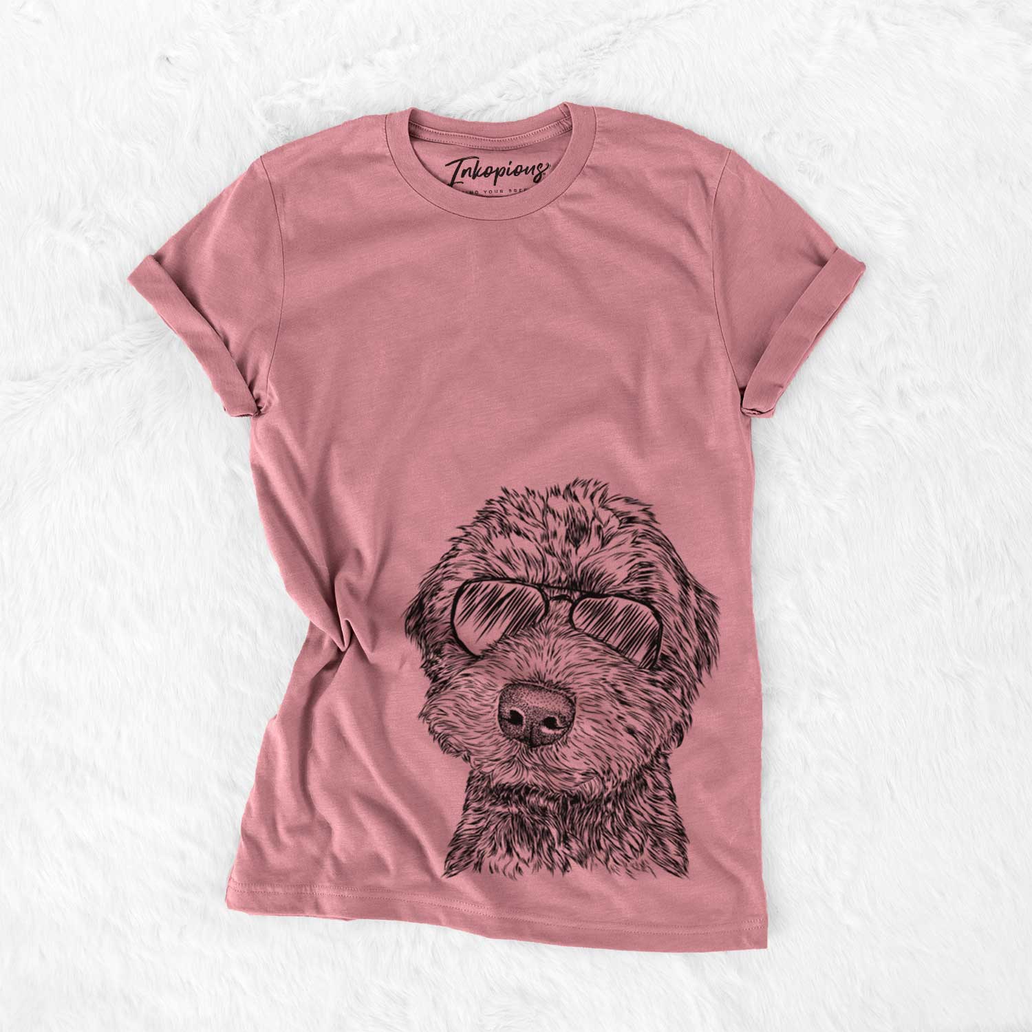 Hand-drawn sketch of Bowser the Whoodle wearing aviator sunglasses on a Mauve Unisex crewneck