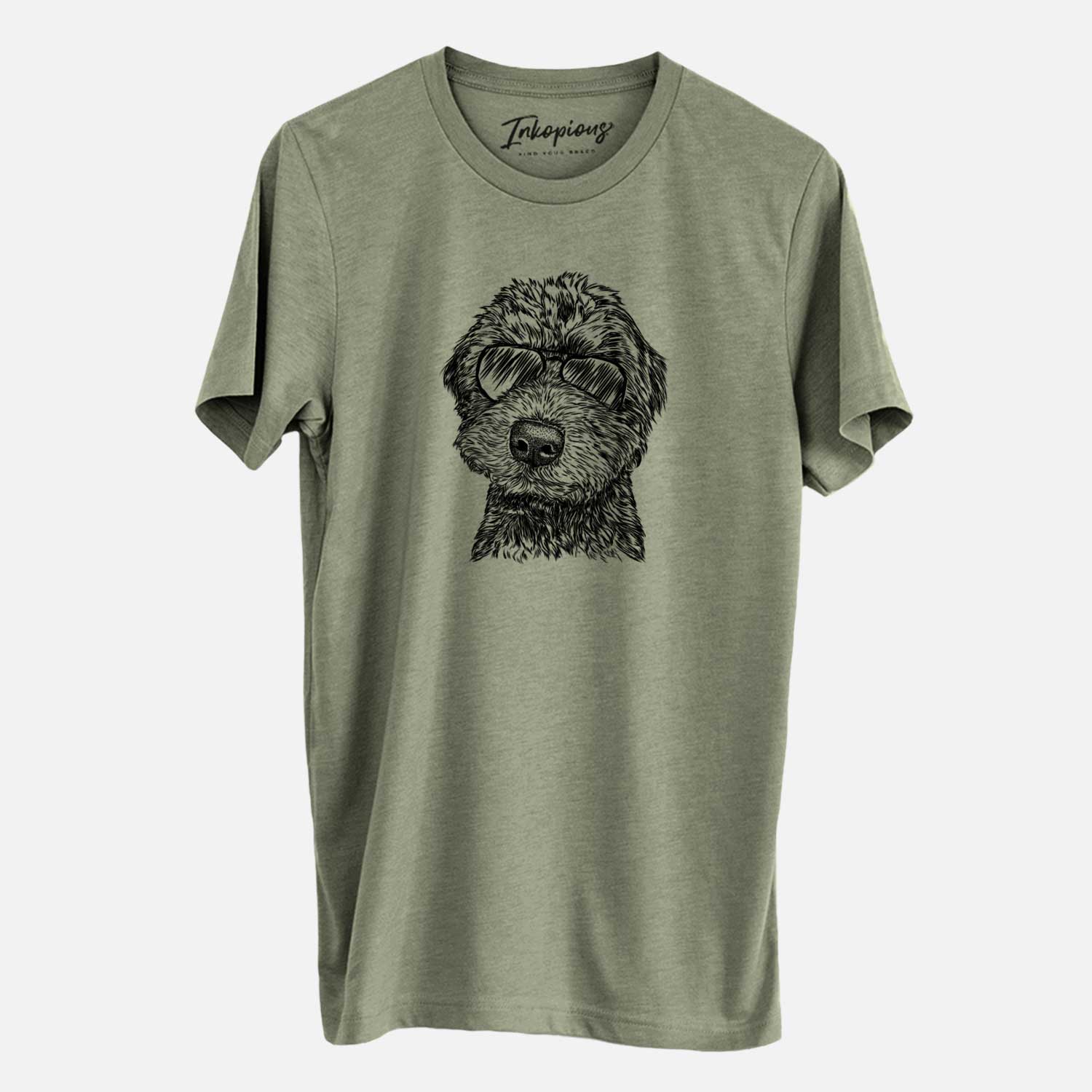 Hand-drawn sketch of Bowser the Whoodle wearing aviator sunglasses on an Olive Unisex crewneck