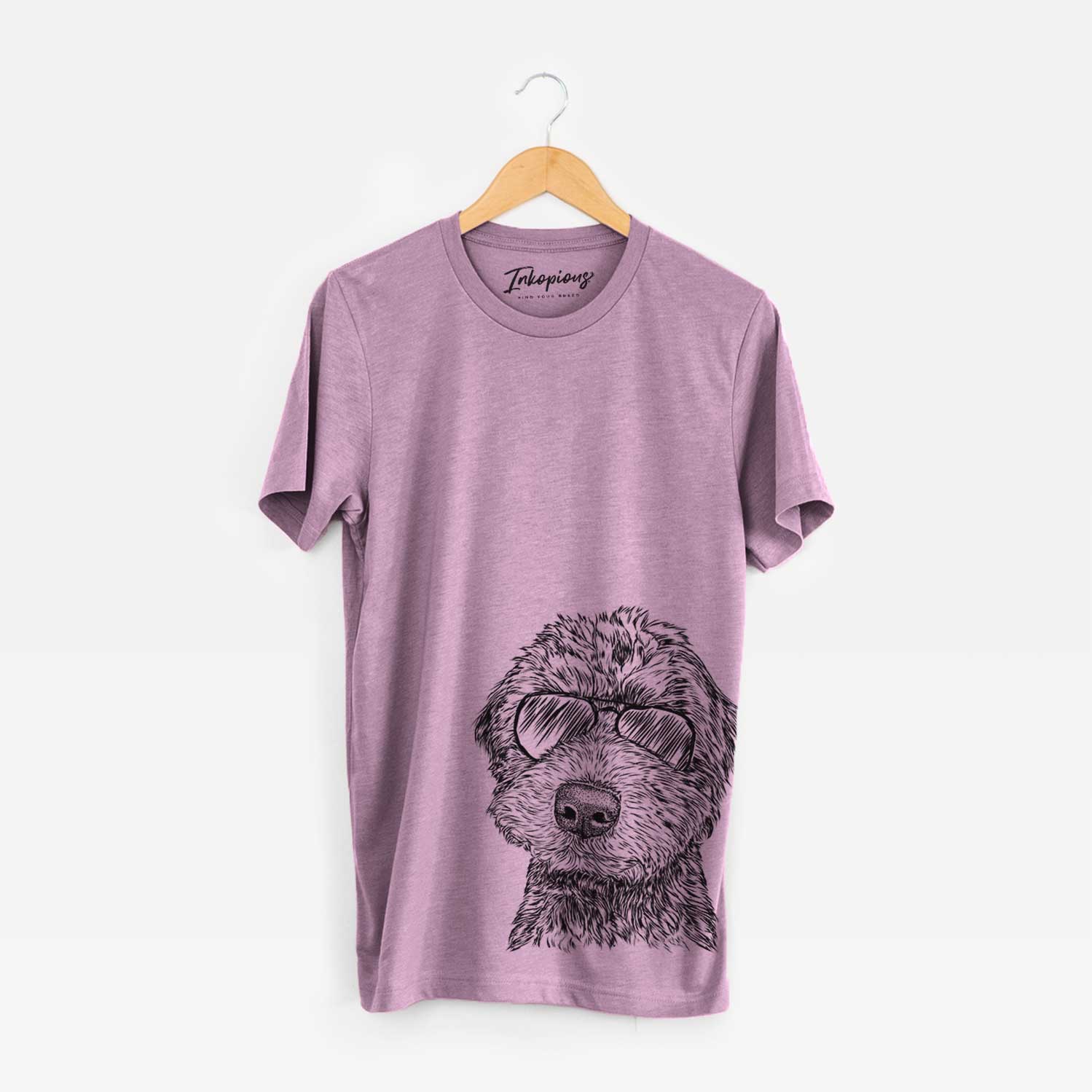 Hand-drawn sketch of Bowser the Whoodle wearing aviator sunglasses on an Orchid Bella Canvas Unisex Crewneck