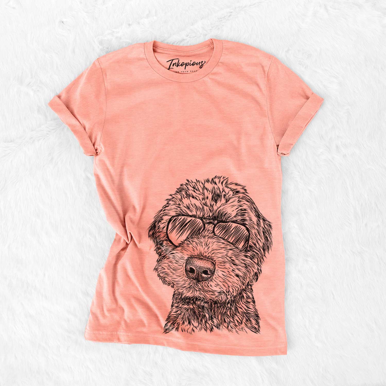 Hand-drawn sketch of Bowser the Whoodle wearing aviator sunglasses on a Sunset Bella Canvas Unisex Crewneck