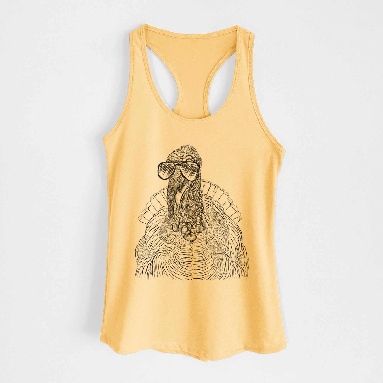 Hand-drawn sketch of Brady the Turkey wearing aviator sunglasses on a Banana Cream Women's racerback tanktop