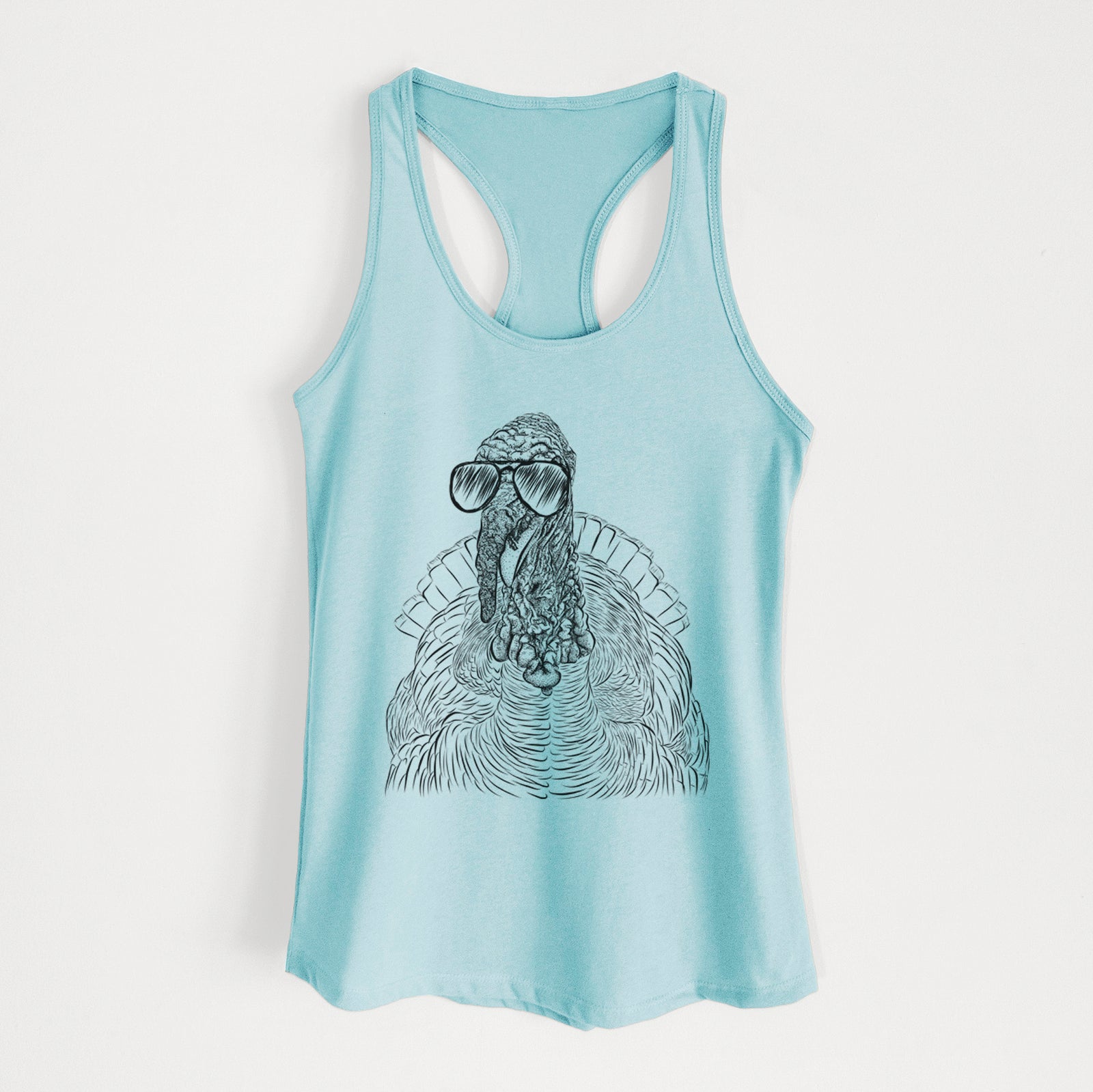 Hand-drawn sketch of Brady the Turkey wearing aviator sunglasses on a Cancun Blue Women's racerback tanktop