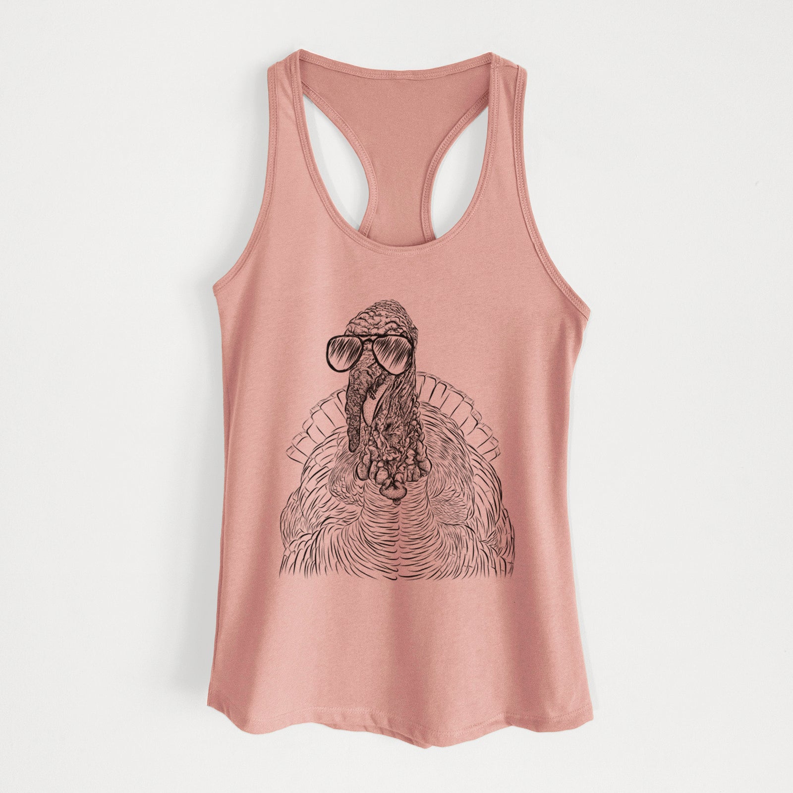 Hand-drawn sketch of Brady the Turkey wearing aviator sunglasses on a Desert Pink Women's racerback tanktop