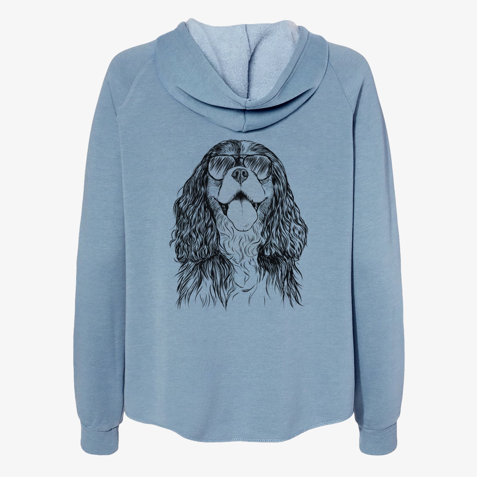 Hand-drawn sketch of Brandy the Cavalier King Charles Spaniel wearing aviator sunglasses on a Misty Blue Women's cali wave zip-up sweatshirt