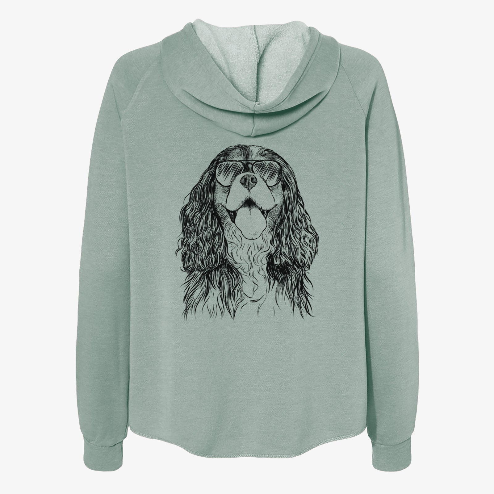 Hand-drawn sketch of Brandy the Cavalier King Charles Spaniel wearing aviator sunglasses on a Sage Women's cali wave zip-up sweatshirt