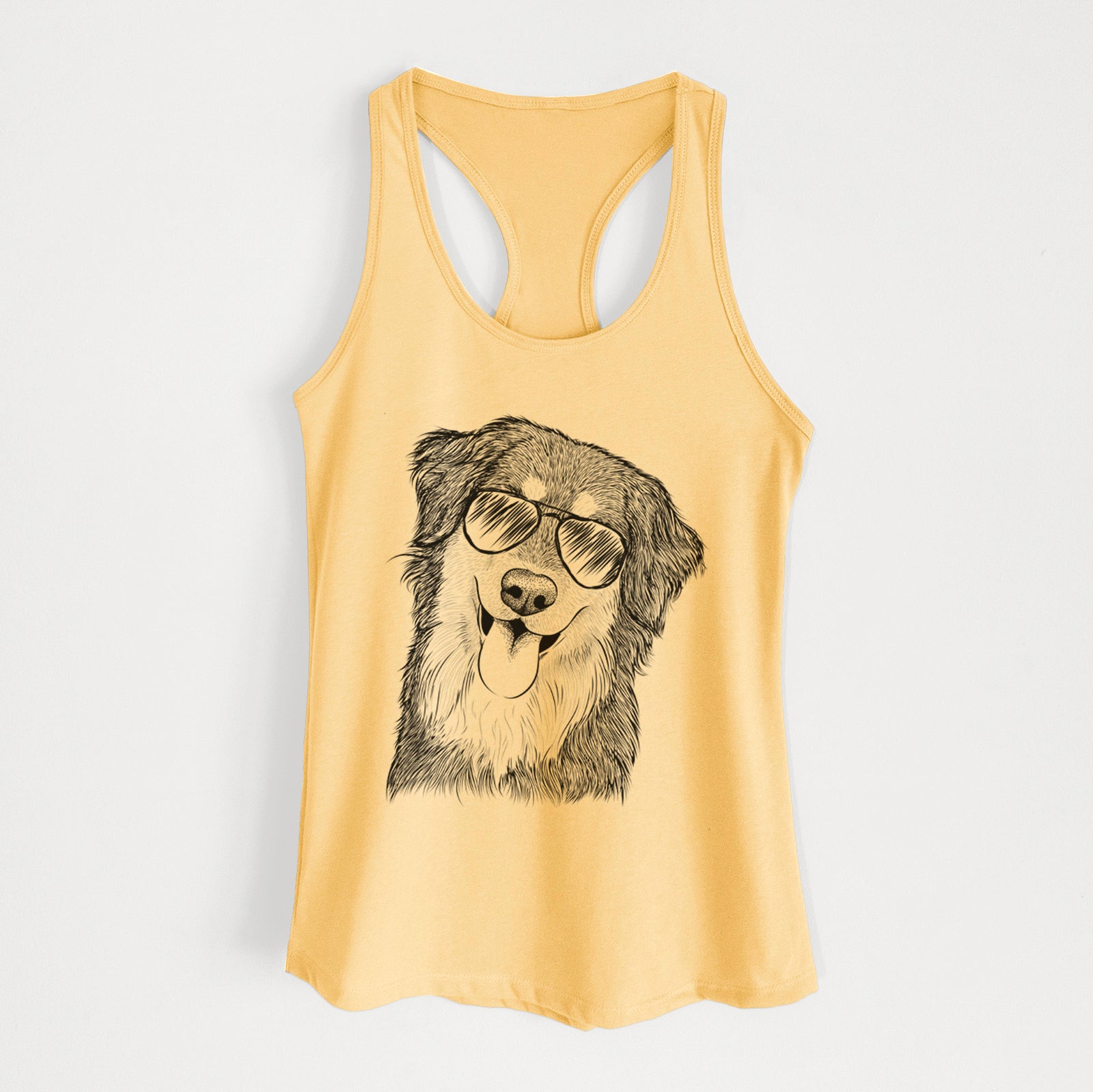 Hand-drawn sketch of Brodie the Golden Aussie wearing aviator sunglasses on a Banana Cream Women's racerback tanktop