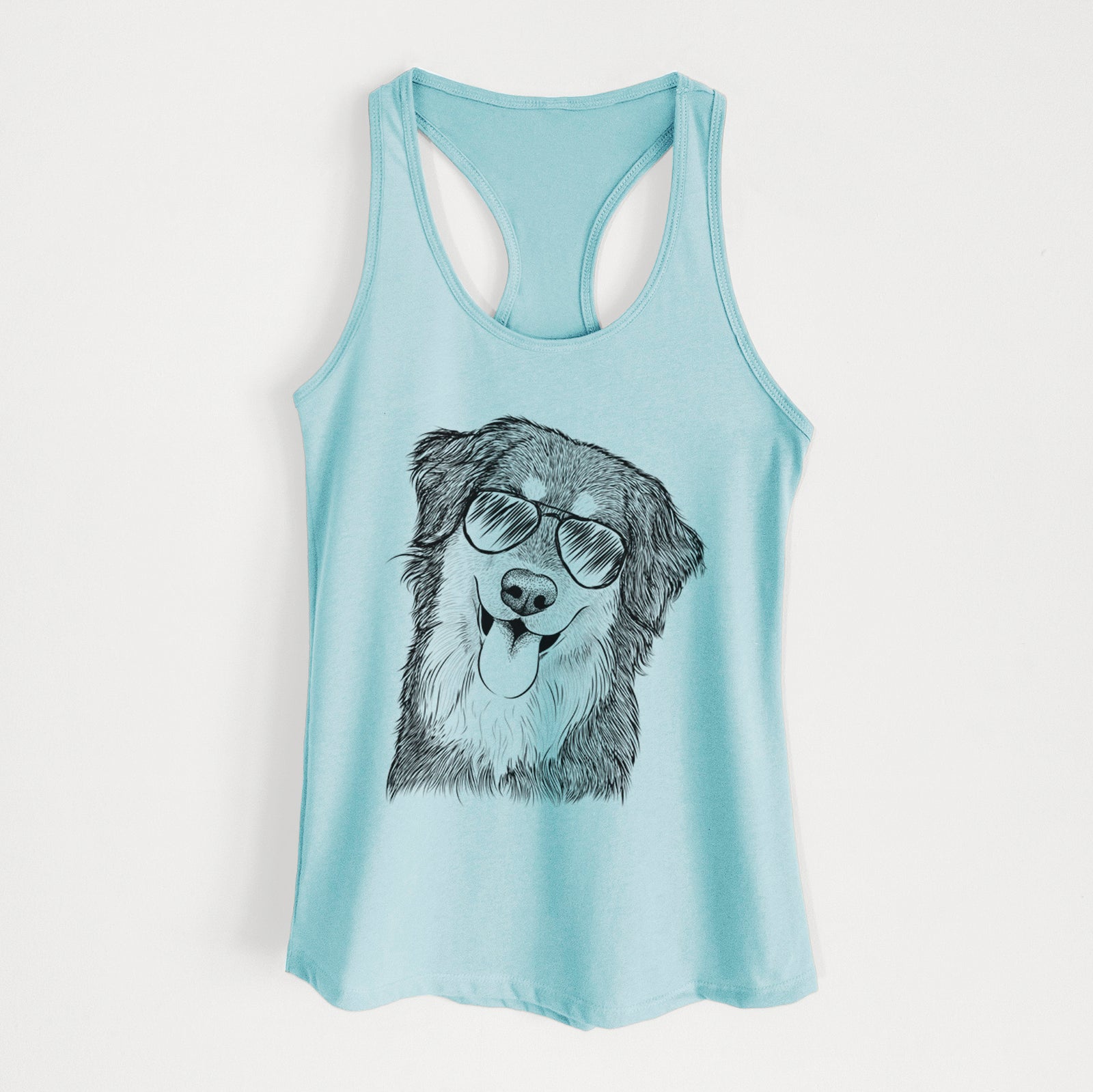 Hand-drawn sketch of Brodie the Golden Aussie wearing aviator sunglasses on a Cancun Blue Women's racerback tanktop