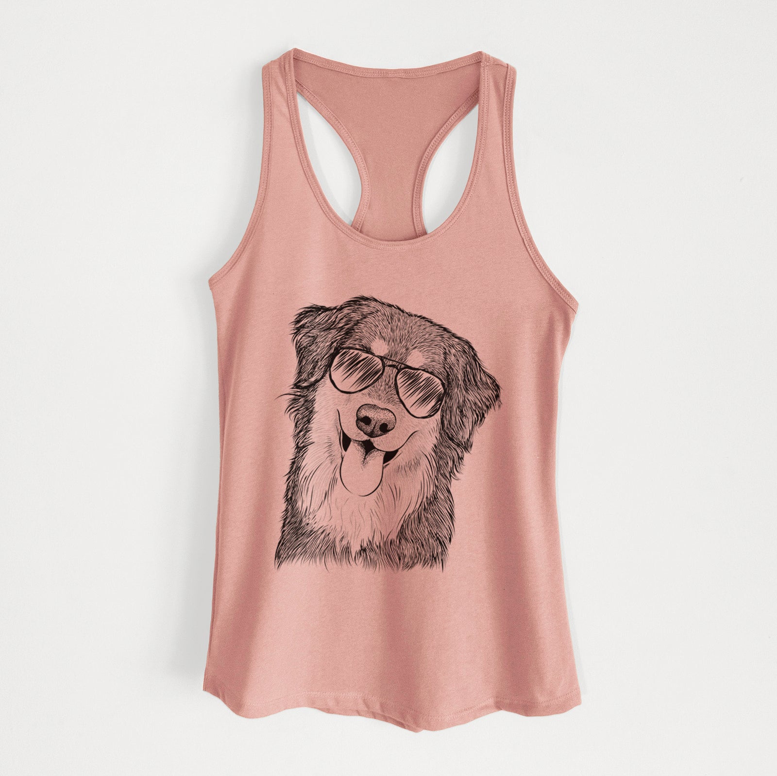 Hand-drawn sketch of Brodie the Golden Aussie wearing aviator sunglasses on a Desert Pink Women's racerback tanktop