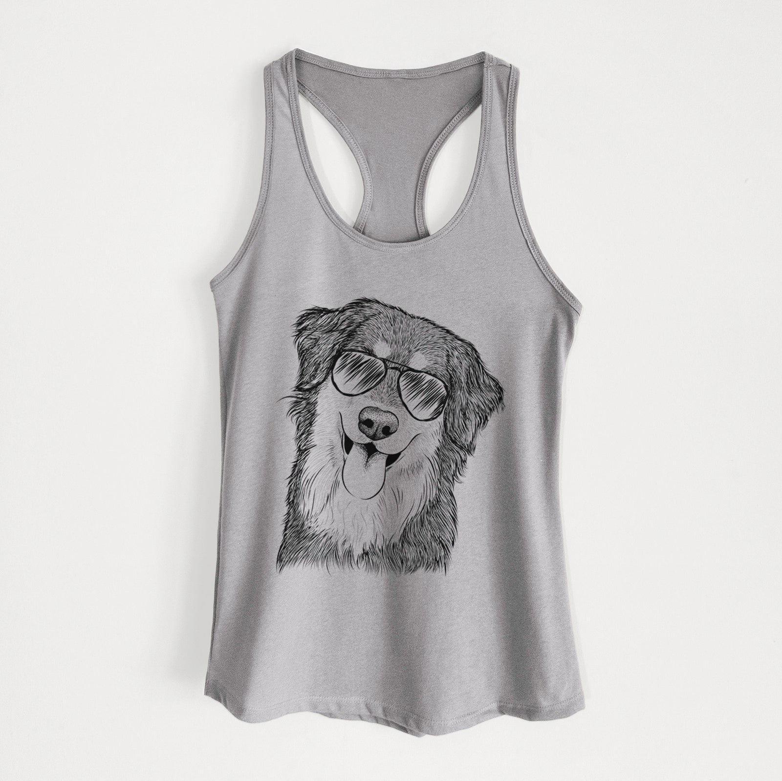 Hand-drawn sketch of Brodie the Golden Aussie wearing aviator sunglasses on a Heather Grey Women's racerback tanktop