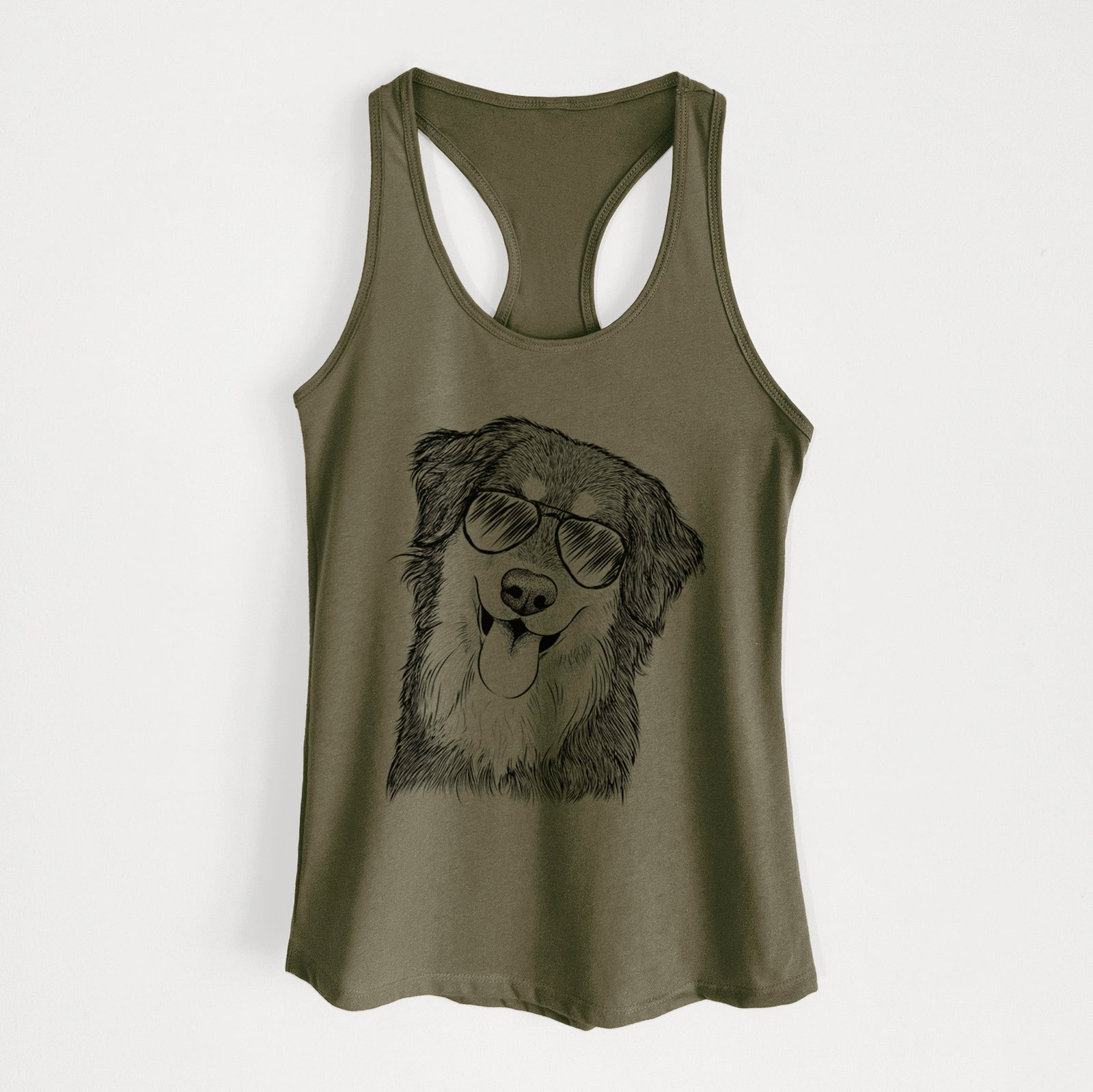 Hand-drawn sketch of Brodie the Golden Aussie wearing aviator sunglasses on a Military Green Women's racerback tanktop