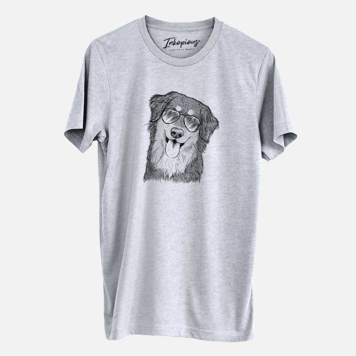 Hand-drawn sketch of Brodie the Golden Aussie wearing aviator sunglasses on a Grey Unisex crewneck