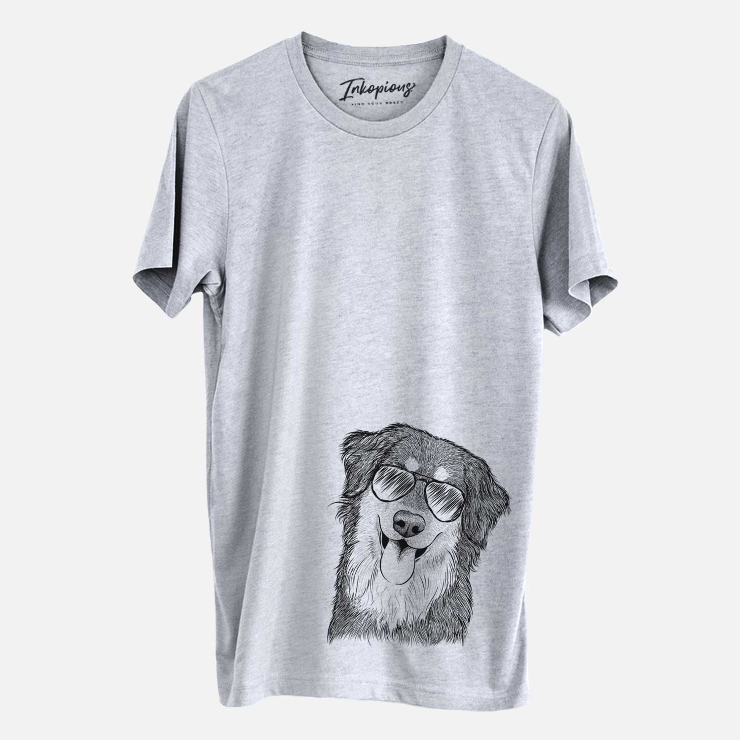 Hand-drawn sketch of Brodie the Golden Aussie wearing aviator sunglasses on a Grey Unisex crewneck