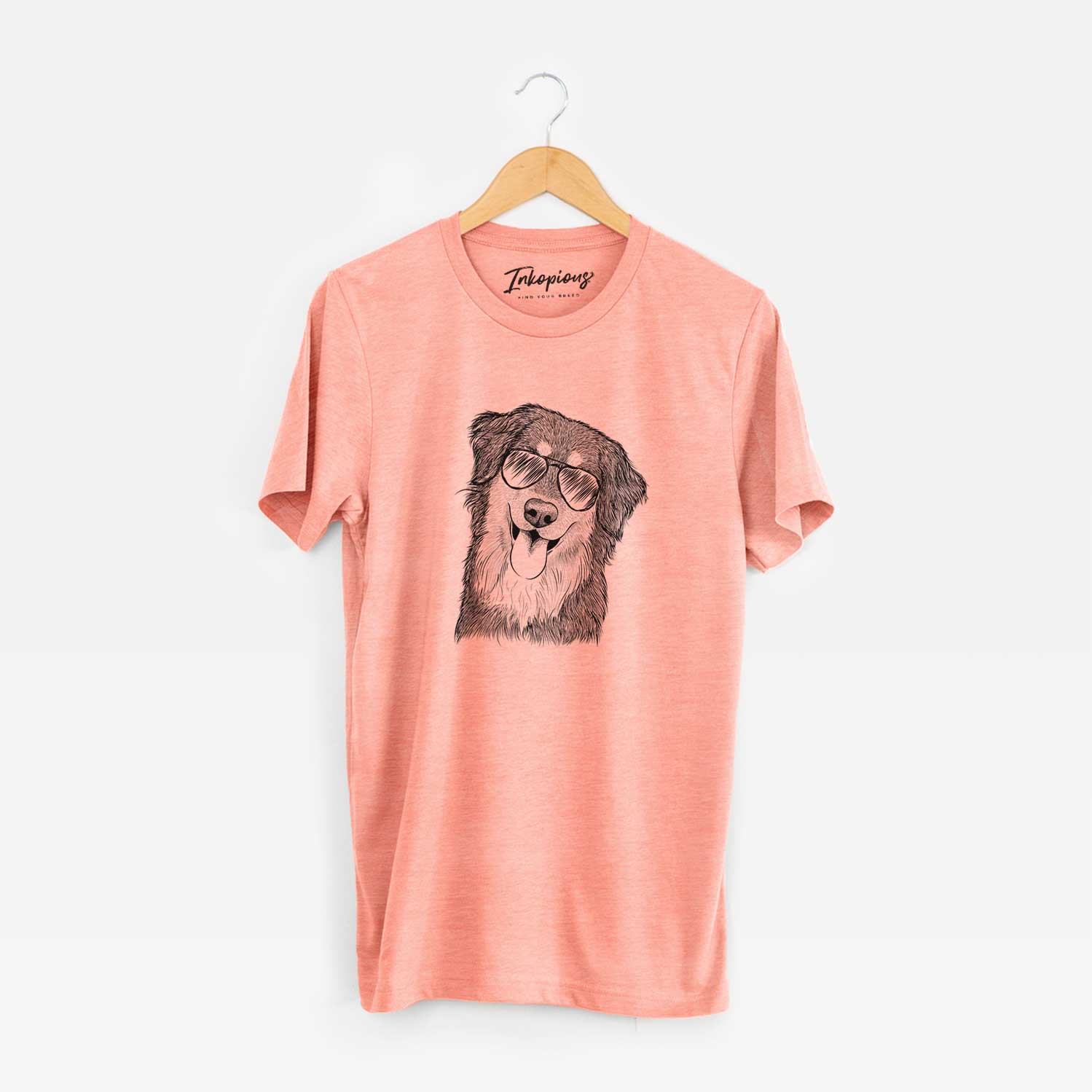Hand-drawn sketch of Brodie the Golden Aussie wearing aviator sunglasses on a Sunset Unisex crewneck