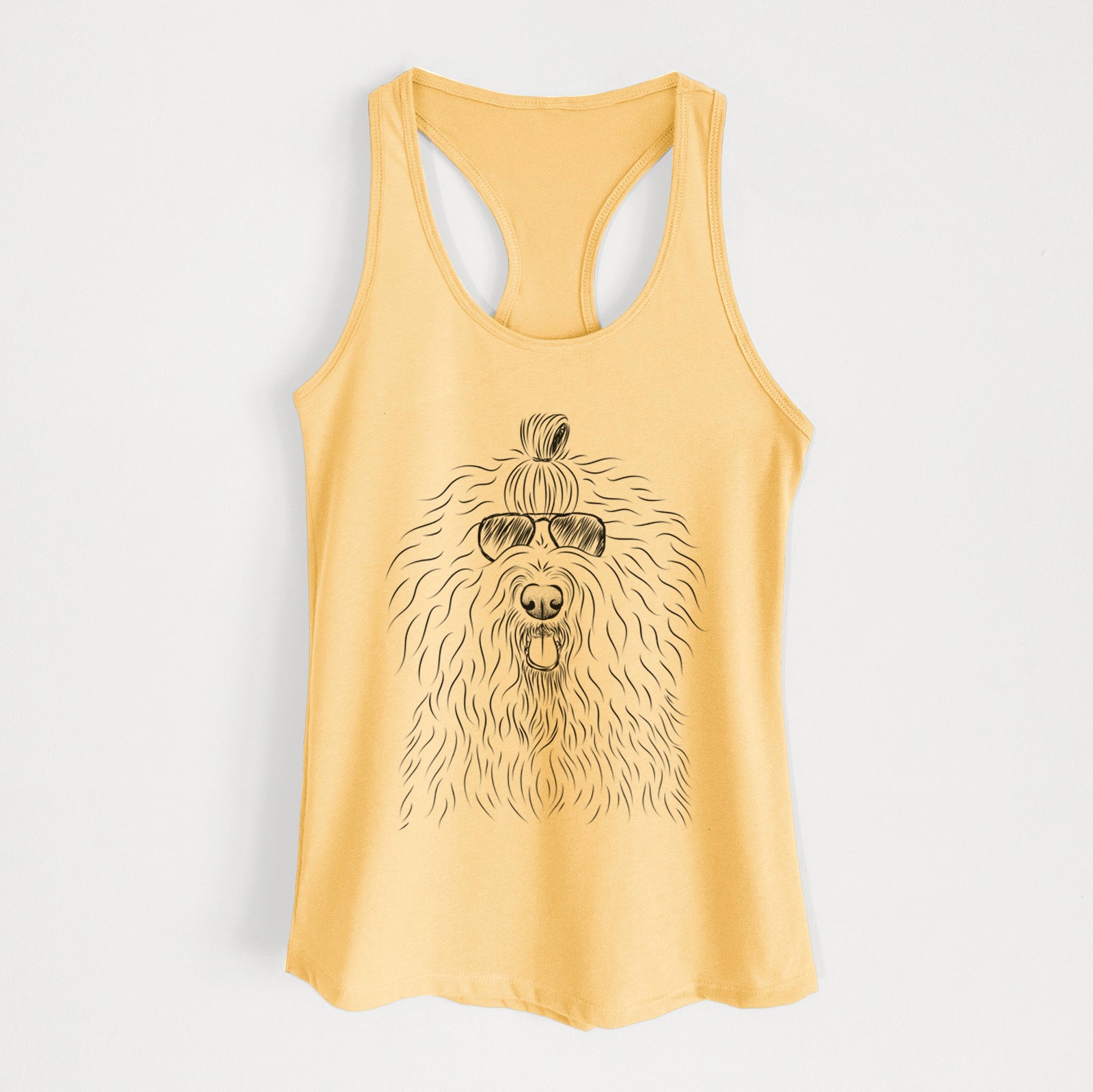 Hand-drawn sketch of Brody the Old English Sheepdog wearing aviator sunglasses on a Banana Cream Women's racerback tanktop