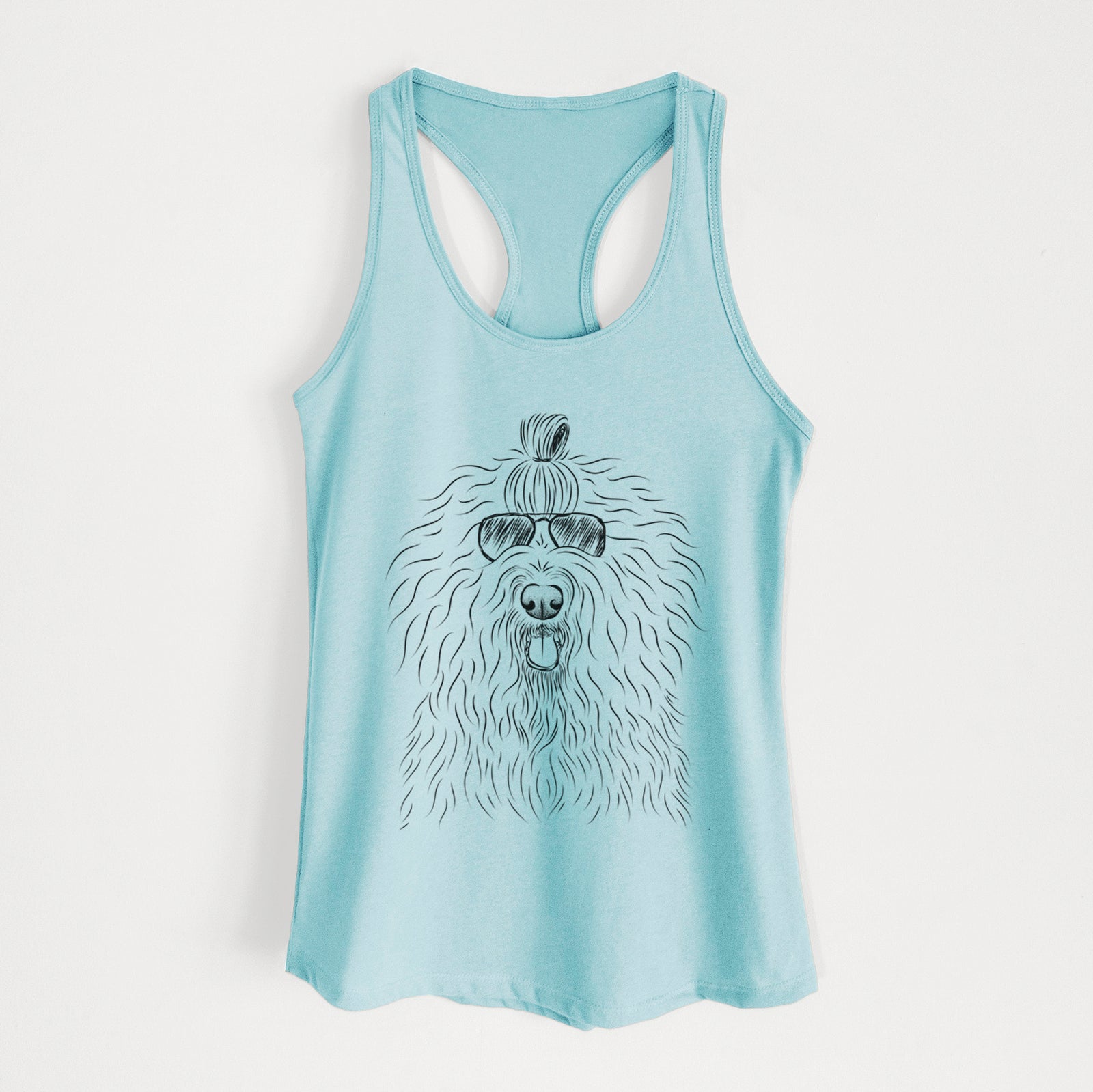 Hand-drawn sketch of Brody the Old English Sheepdog wearing aviator sunglasses on a Cancun Blue Women's racerback tanktop