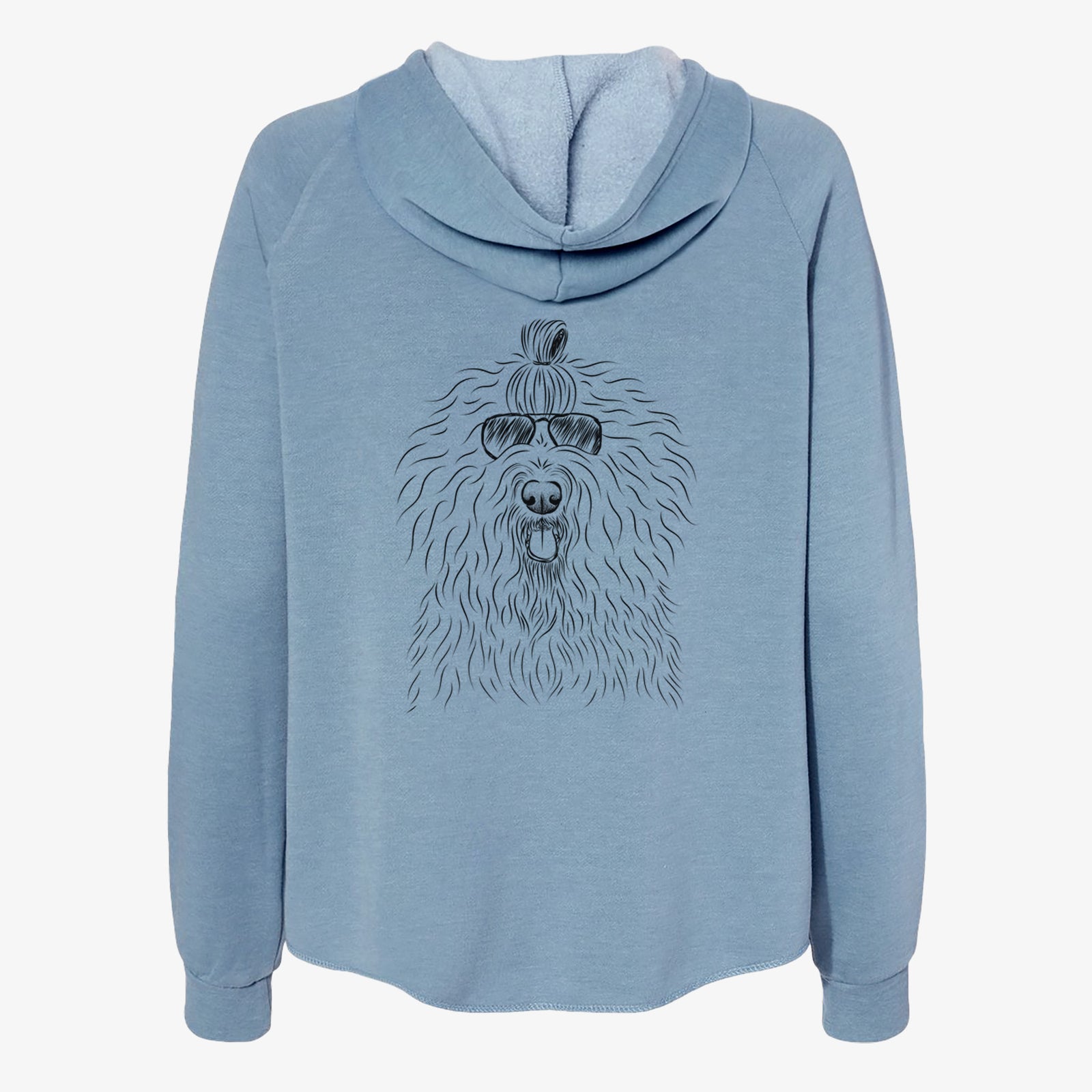 Hand-drawn sketch of Brody the Old English Sheepdog wearing aviator sunglasses on a Misty Blue Women's cali wave zip-up sweatshirt