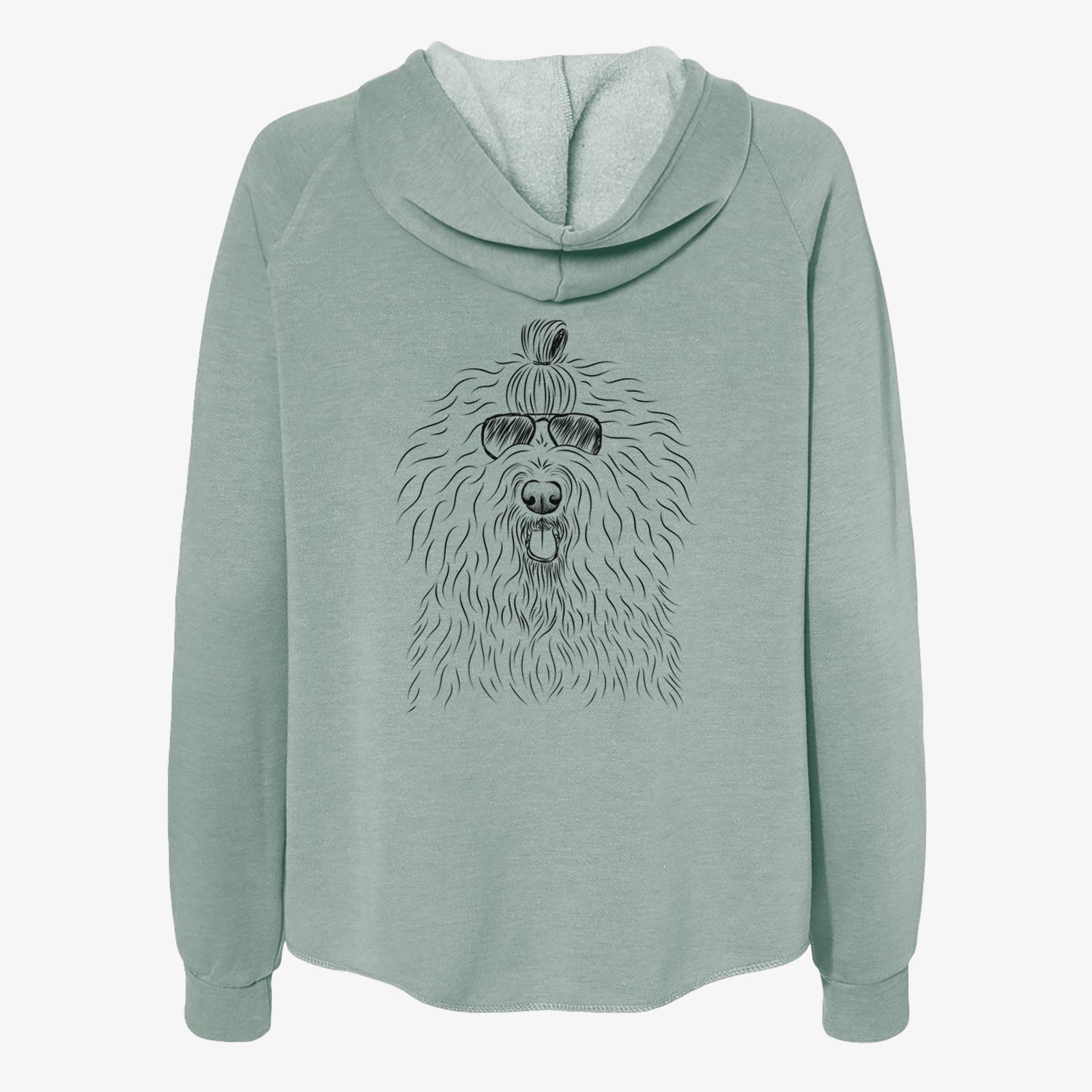 Hand-drawn sketch of Brody the Old English Sheepdog wearing aviator sunglasses on a Sage Women's cali wave zip-up sweatshirt