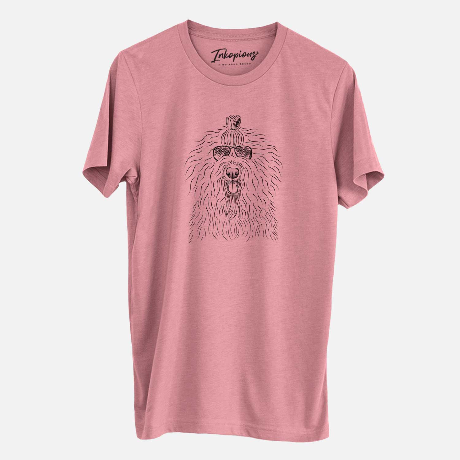 Hand-drawn sketch of Brody the Old English Sheepdog wearing aviator sunglasses on a Mauve Unisex crewneck