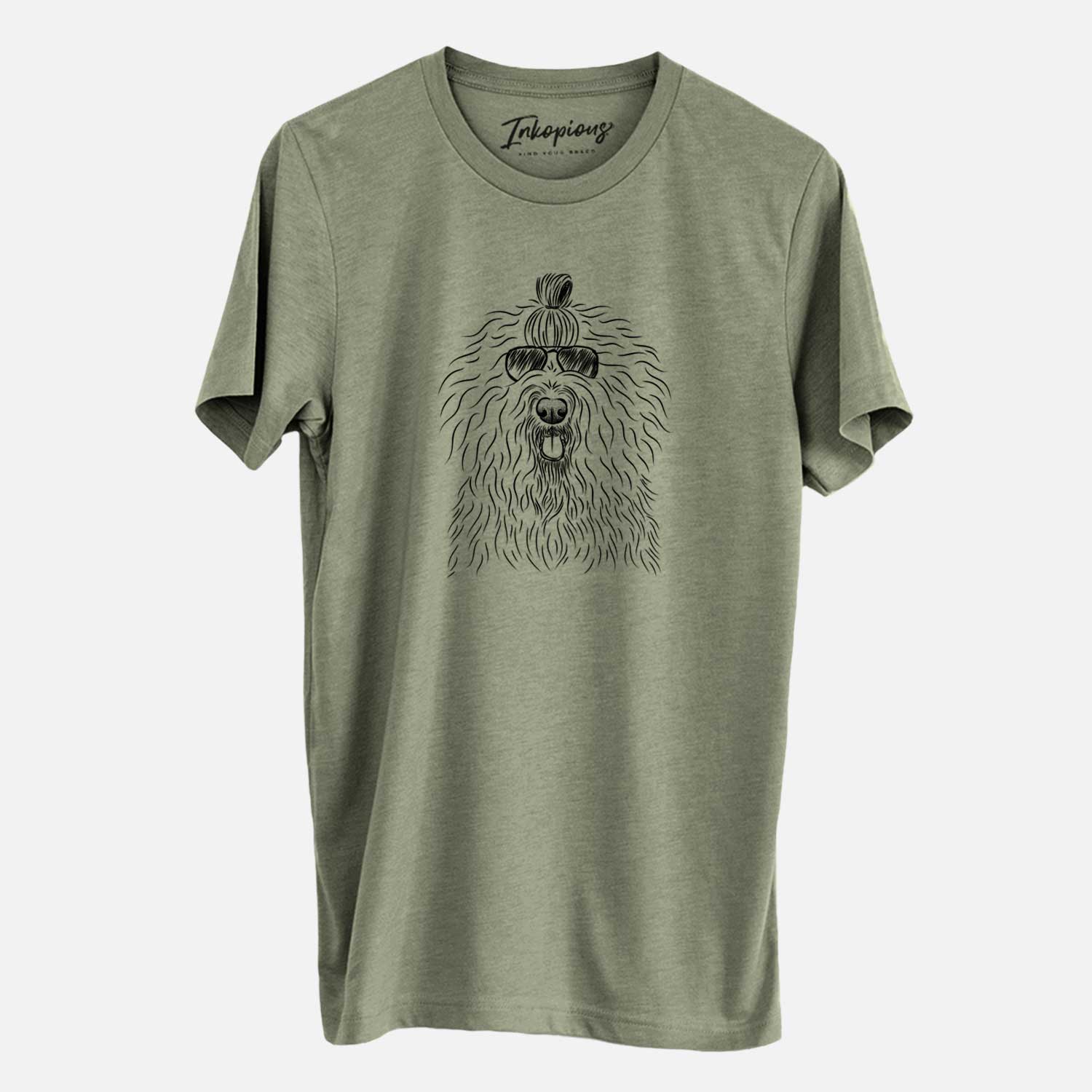 Hand-drawn sketch of Brody the Old English Sheepdog wearing aviator sunglasses on an Olive Unisex crewneck