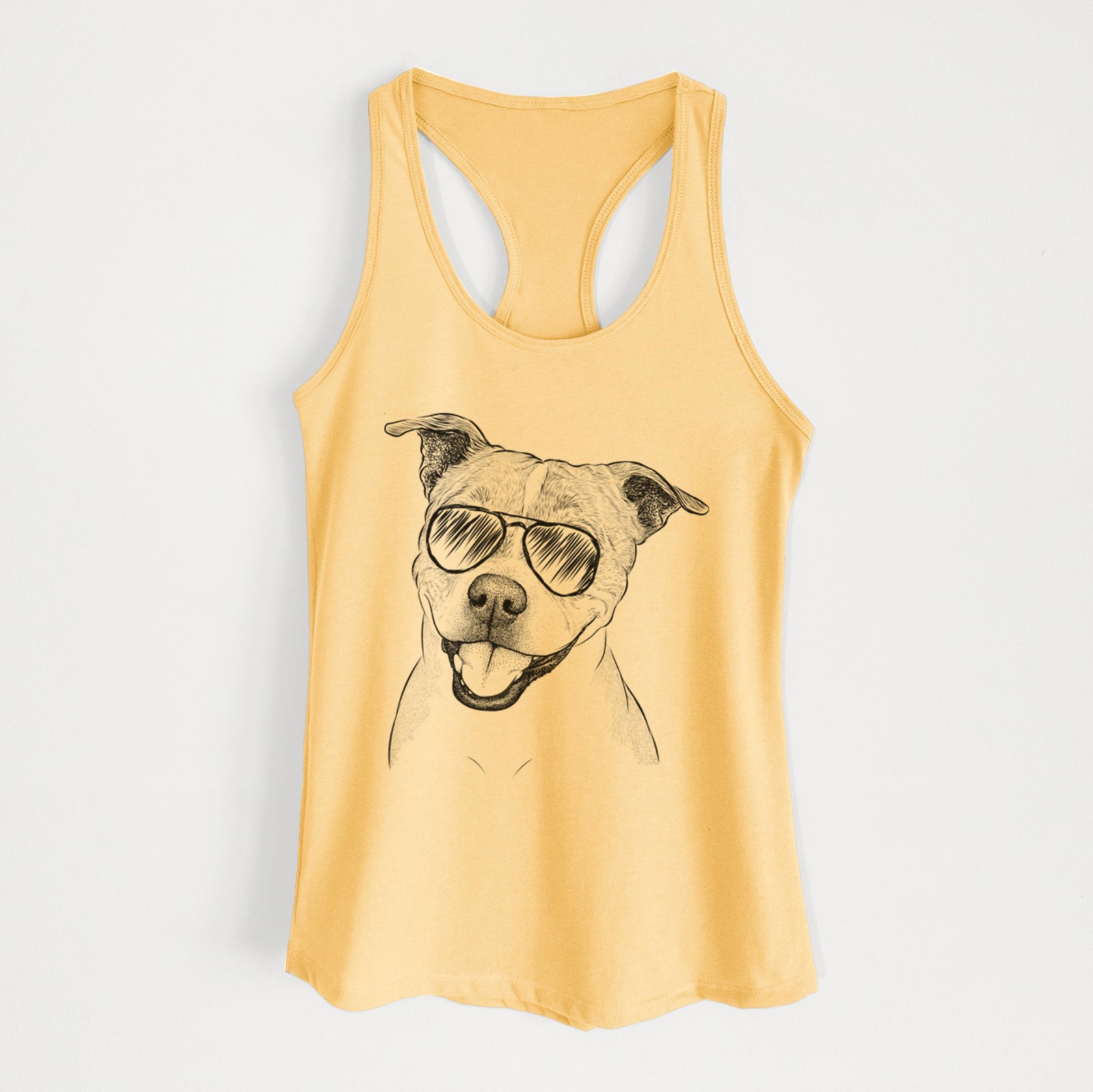 Hand-drawn sketch of BrookLyn the Staffordshire Bull Terrier wearing aviator sunglasses on a Banana Cream Women's racerback tanktop
