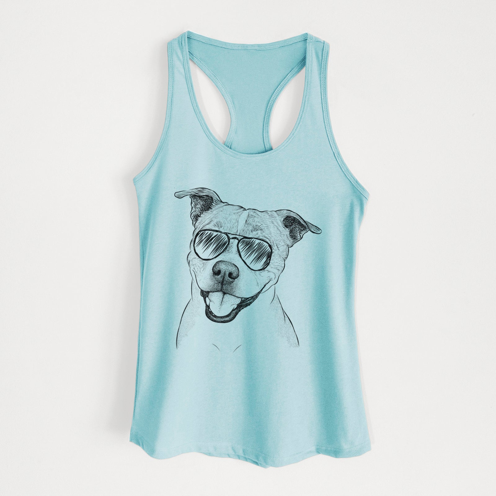 Hand-drawn sketch of BrookLyn the Staffordshire Bull Terrier wearing aviator sunglasses on a Cancun Blue Women's racerback tanktop