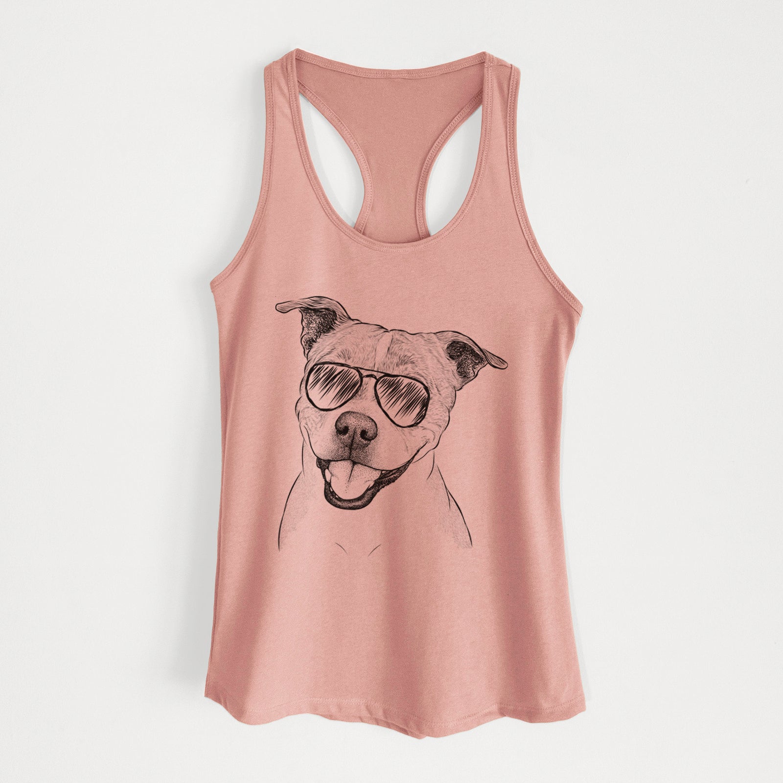Hand-drawn sketch of BrookLyn the Staffordshire Bull Terrier wearing aviator sunglasses on a Desert Pink Women's racerback tanktop
