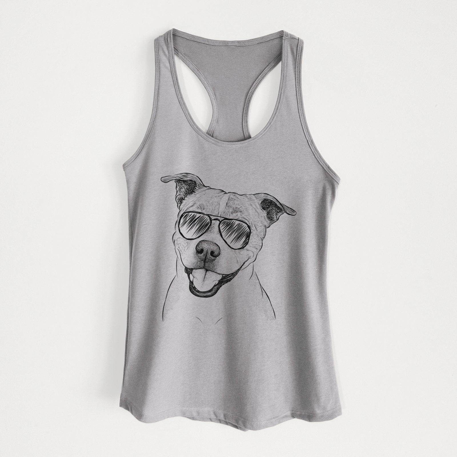 Hand-drawn sketch of BrookLyn the Staffordshire Bull Terrier wearing aviator sunglasses on a Heather Grey Women's racerback tanktop
