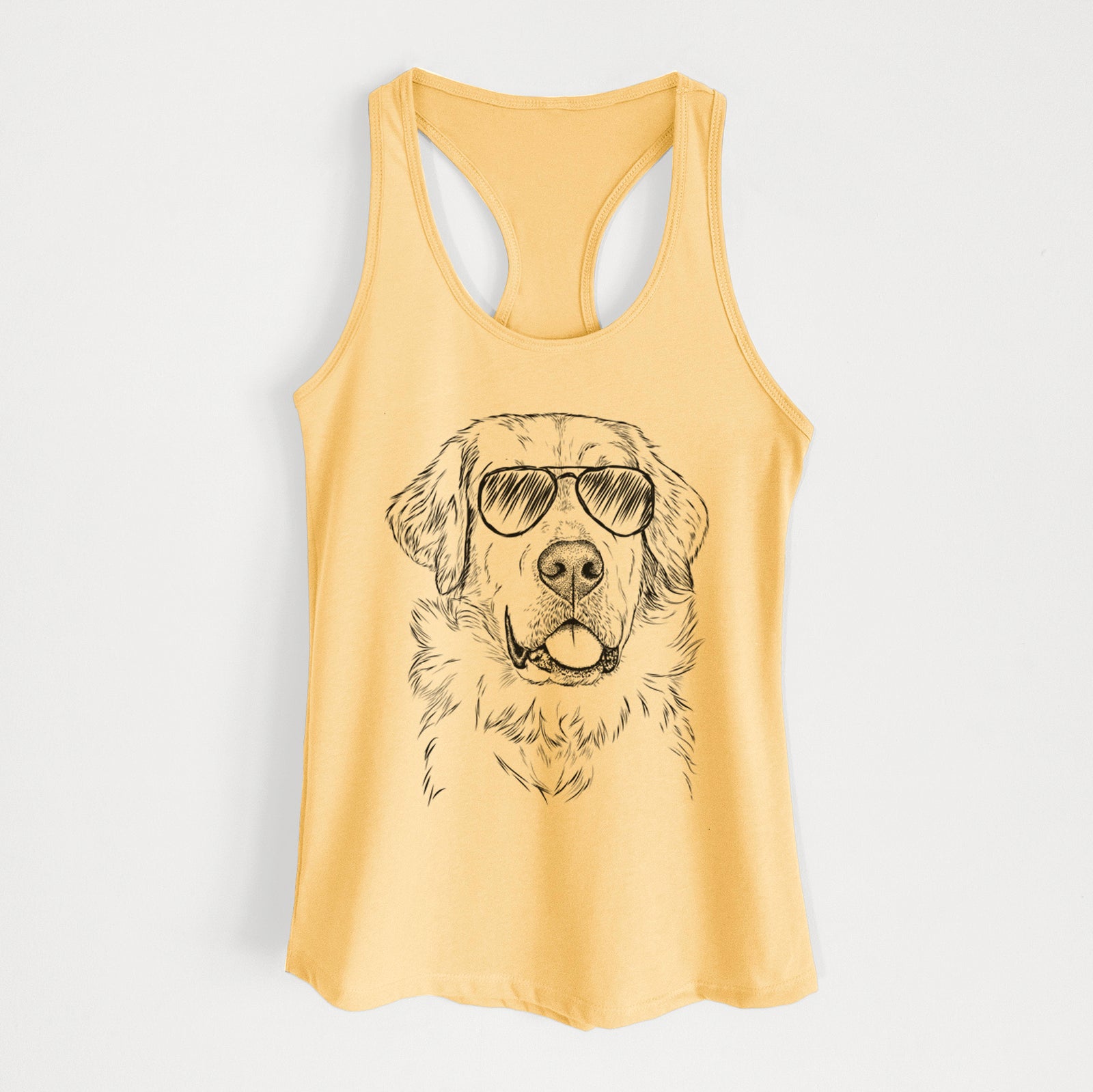 Hand-drawn sketch of Brophy the Great Pyrenees wearing aviator sunglasses on a Banana Cream Women's racerback tanktop