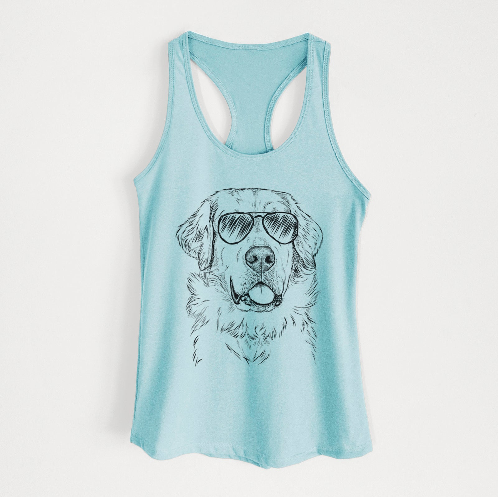 Hand-drawn sketch of Brophy the Great Pyrenees wearing aviator sunglasses on a Cancun Blue Women's racerback tanktop