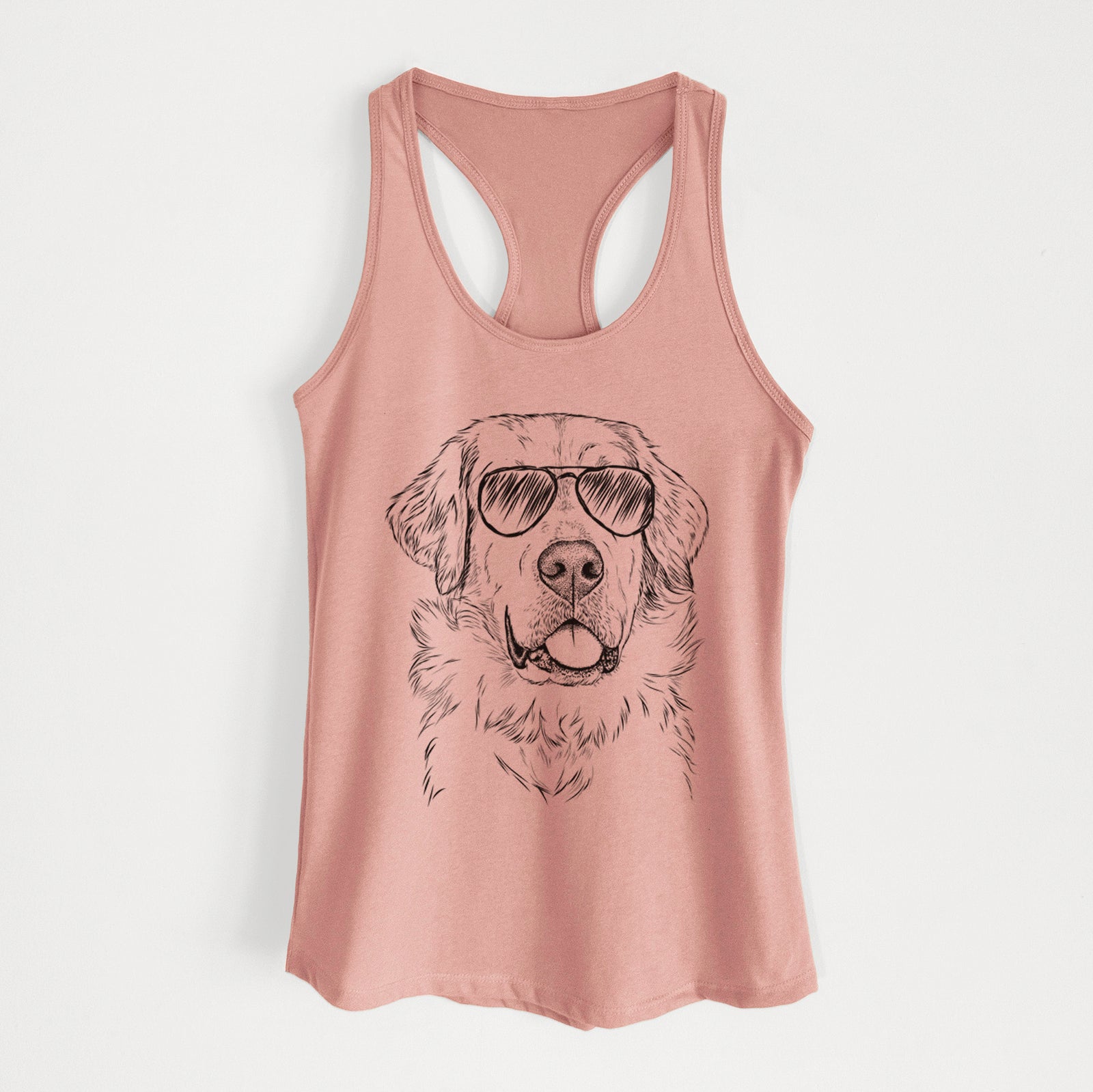Hand-drawn sketch of Brophy the Great Pyrenees wearing aviator sunglasses on a Desert Pink Women's racerback tanktop