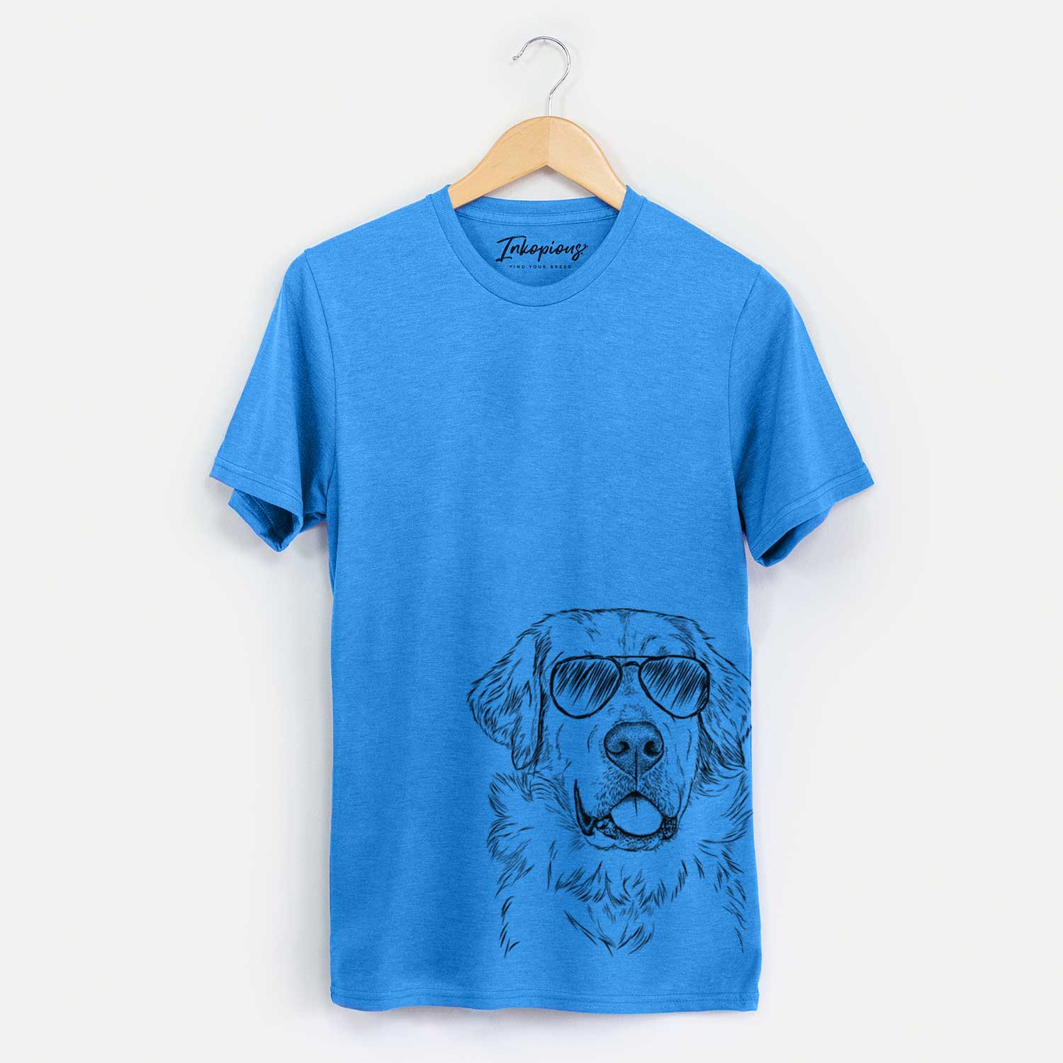 Hand-drawn sketch of Brophy the Great Pyrenees wearing aviator sunglasses on a Blue Unisex crewneck