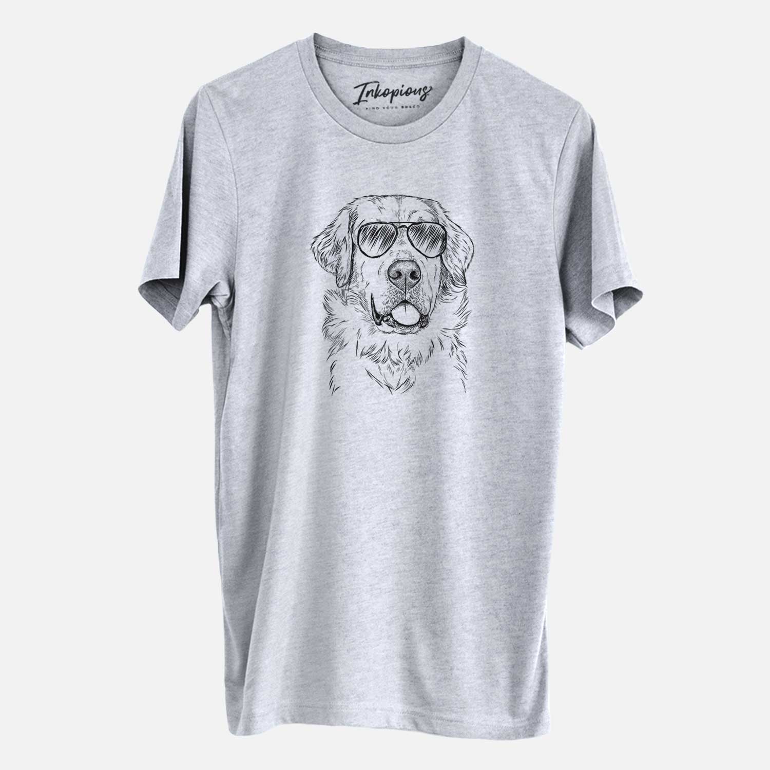 Hand-drawn sketch of Brophy the Great Pyrenees wearing aviator sunglasses on a Grey Unisex crewneck