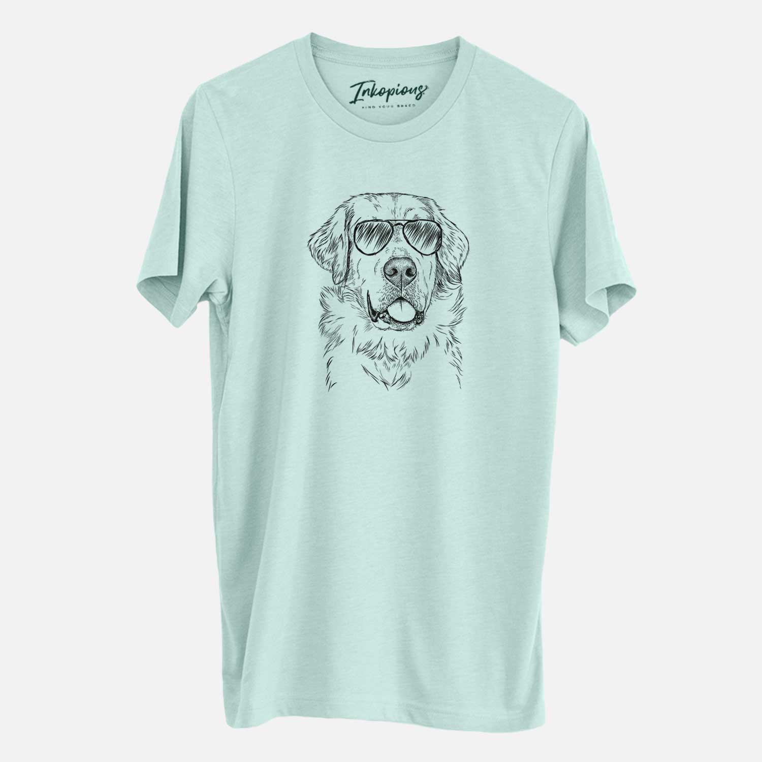Hand-drawn sketch of Brophy the Great Pyrenees wearing aviator sunglasses on a Heather Sage Unisex crewneck