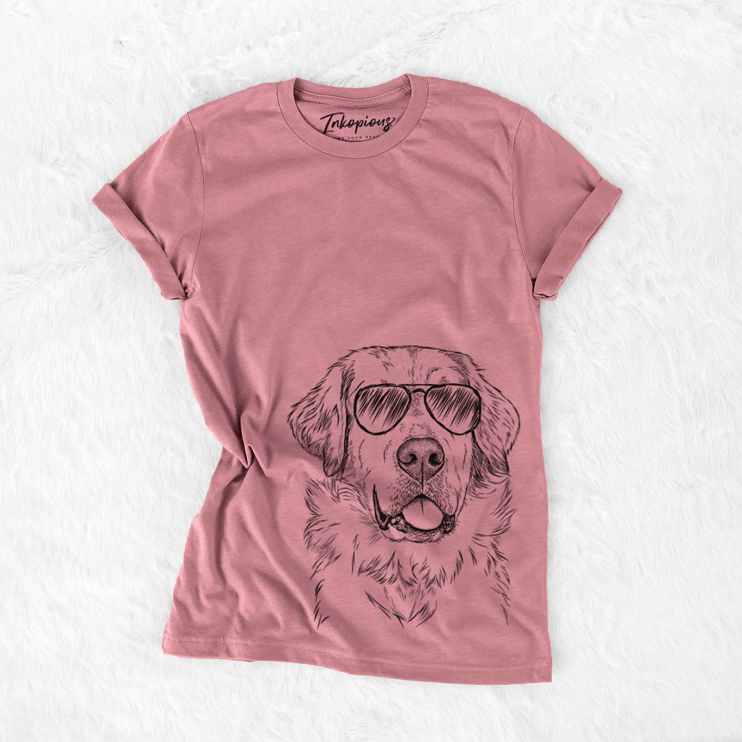 Hand-drawn sketch of Brophy the Great Pyrenees wearing aviator sunglasses on a Mauve Unisex crewneck