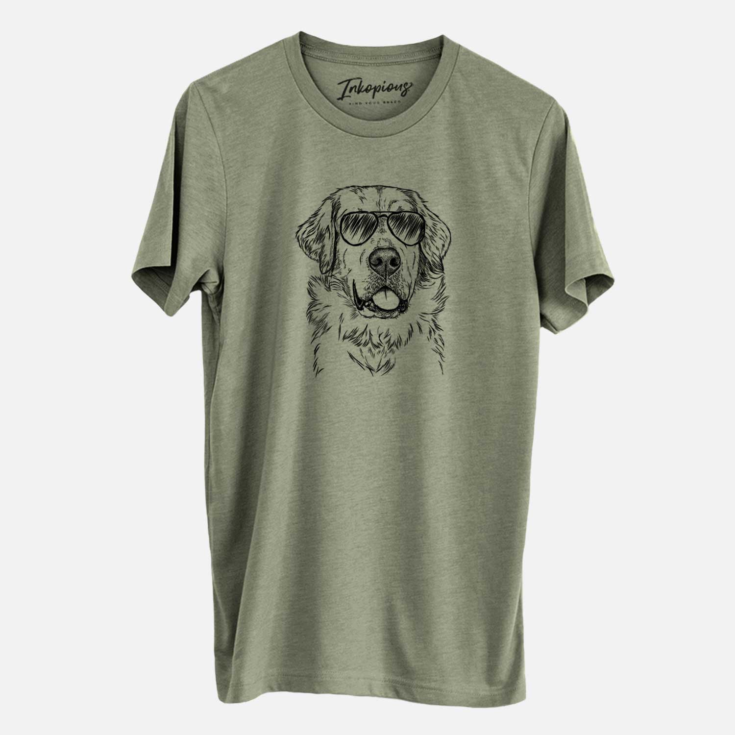 Hand-drawn sketch of Brophy the Great Pyrenees wearing aviator sunglasses on an Olive Unisex crewneck