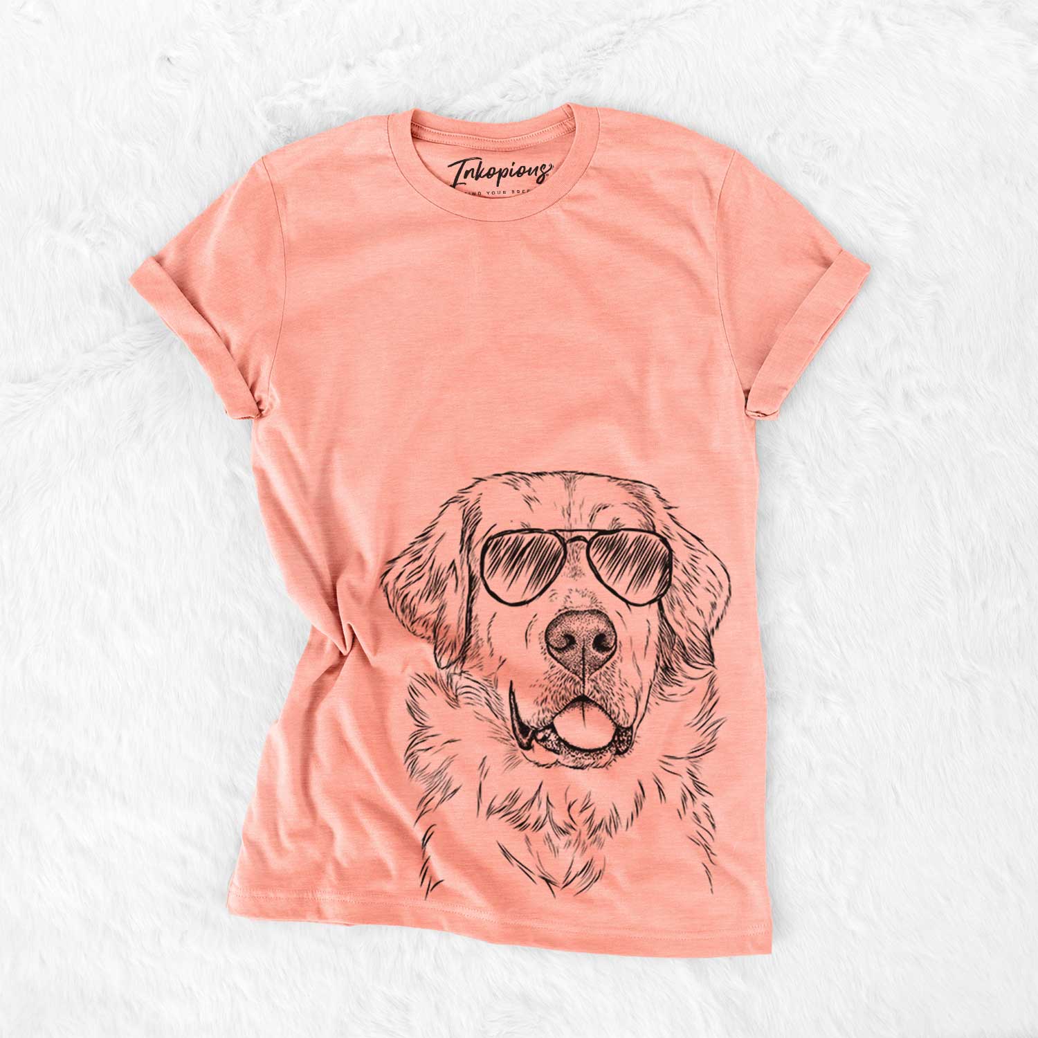 Hand-drawn sketch of Brophy the Great Pyrenees wearing aviator sunglasses on a Sunset Bella Canvas Unisex Crewneck