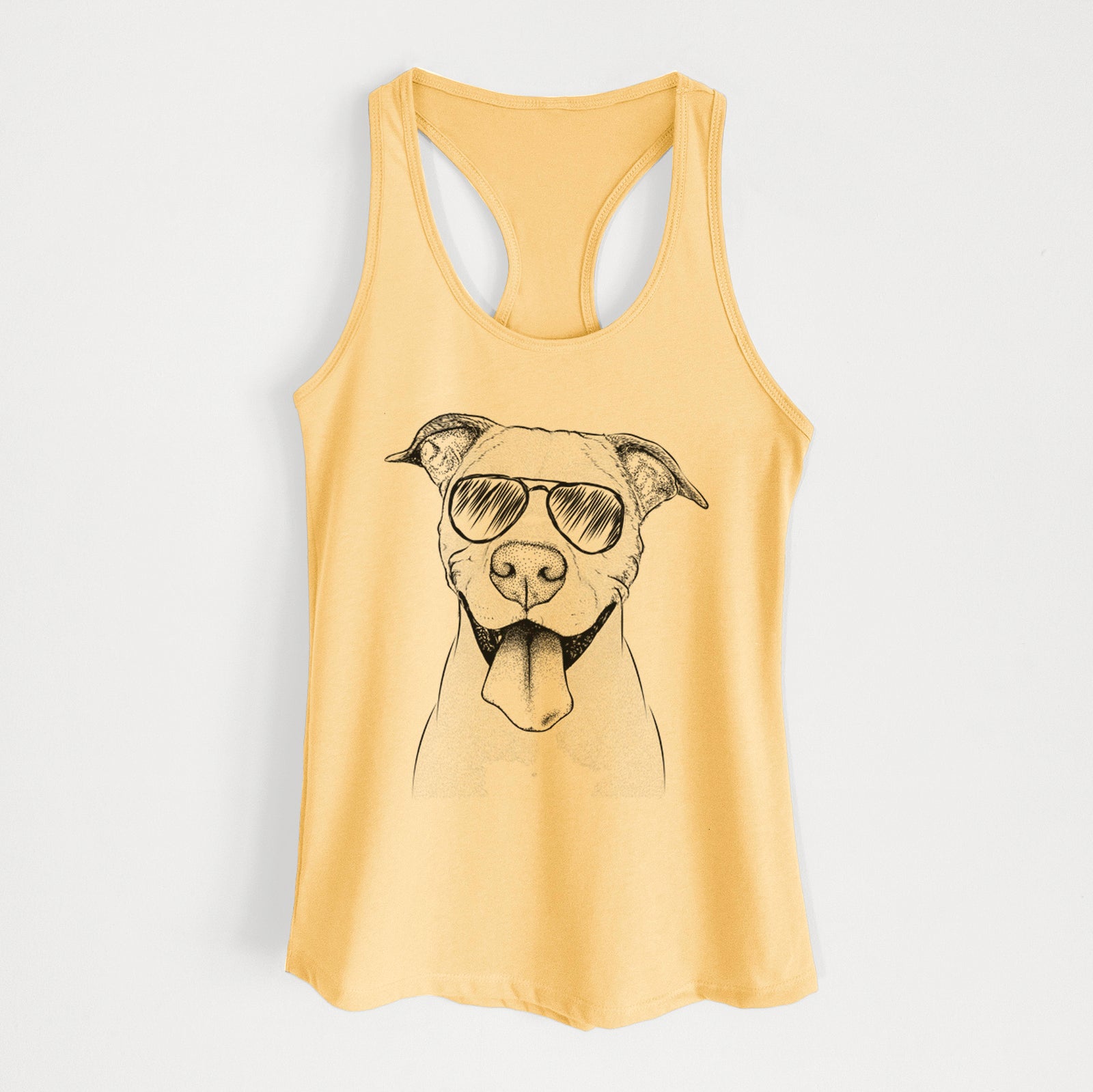 Hand-drawn sketch of Bruce the American Staffordshire Terrier wearing aviator sunglasses on a Banana Cream Women's racerback tanktop