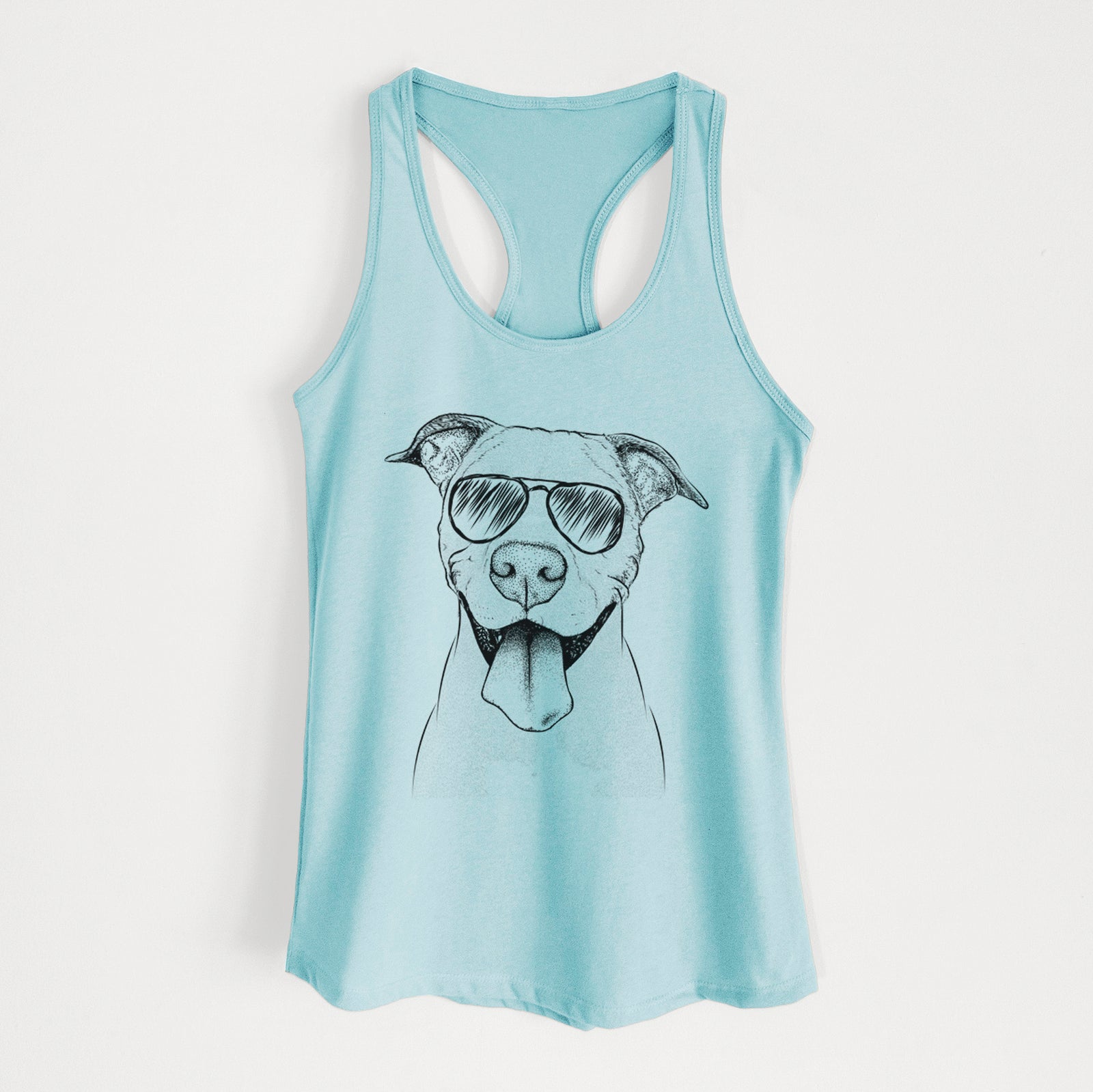 Hand-drawn sketch of Bruce the American Staffordshire Terrier wearing aviator sunglasses on a Cancun Blue Women's racerback tanktop