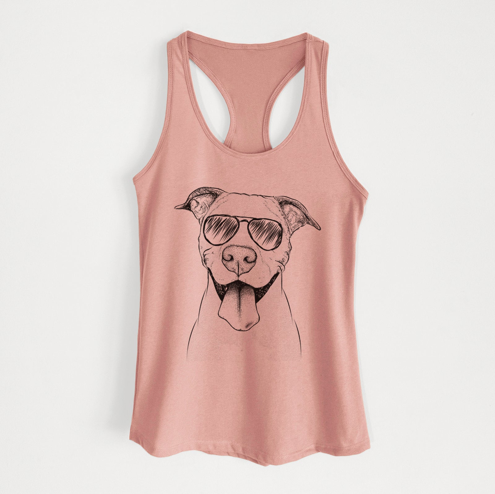 Hand-drawn sketch of Bruce the American Staffordshire Terrier wearing aviator sunglasses on a Desert Pink Women's racerback tanktop