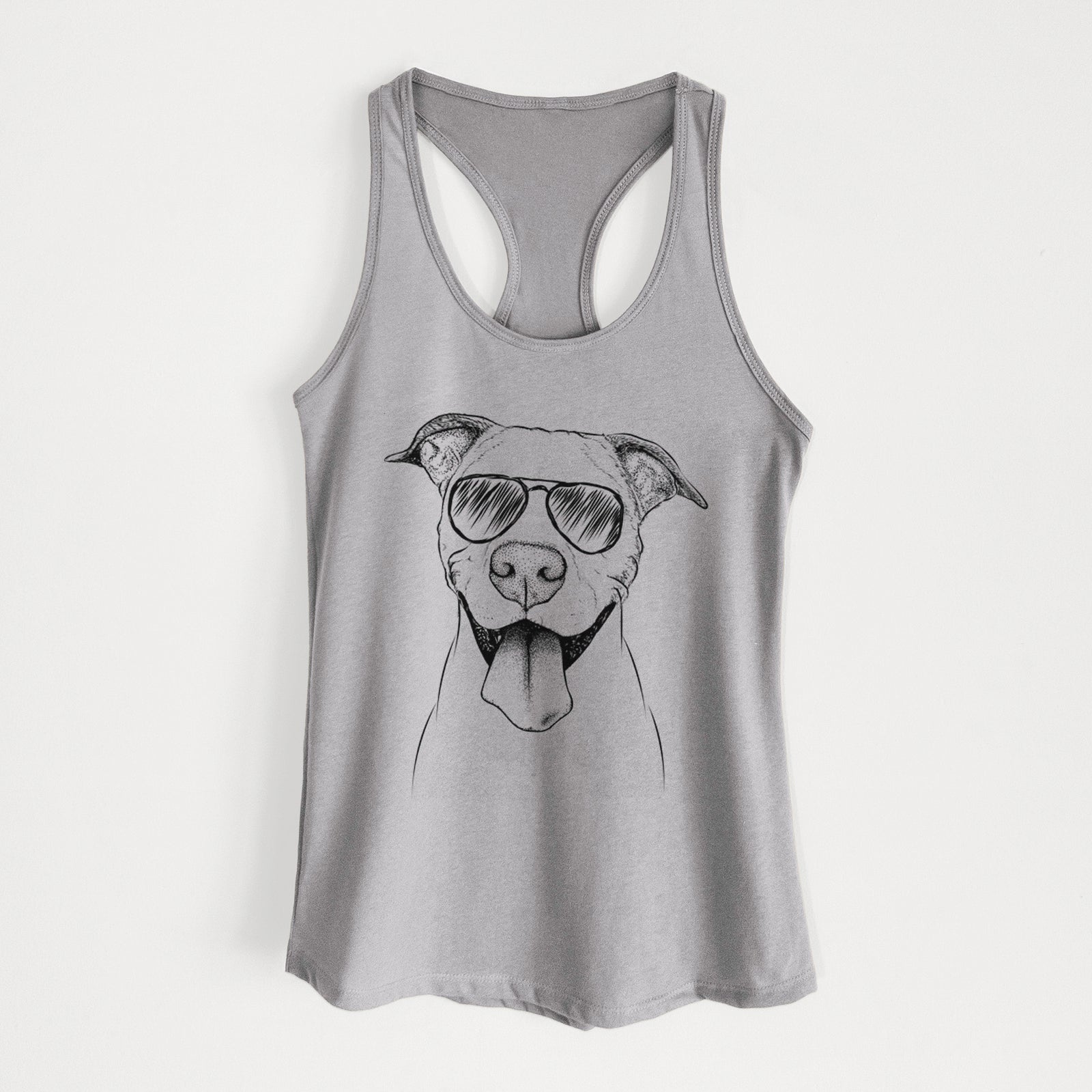 Hand-drawn sketch of Bruce the American Staffordshire Terrier wearing aviator sunglasses on a Heather Grey Women's racerback tanktop