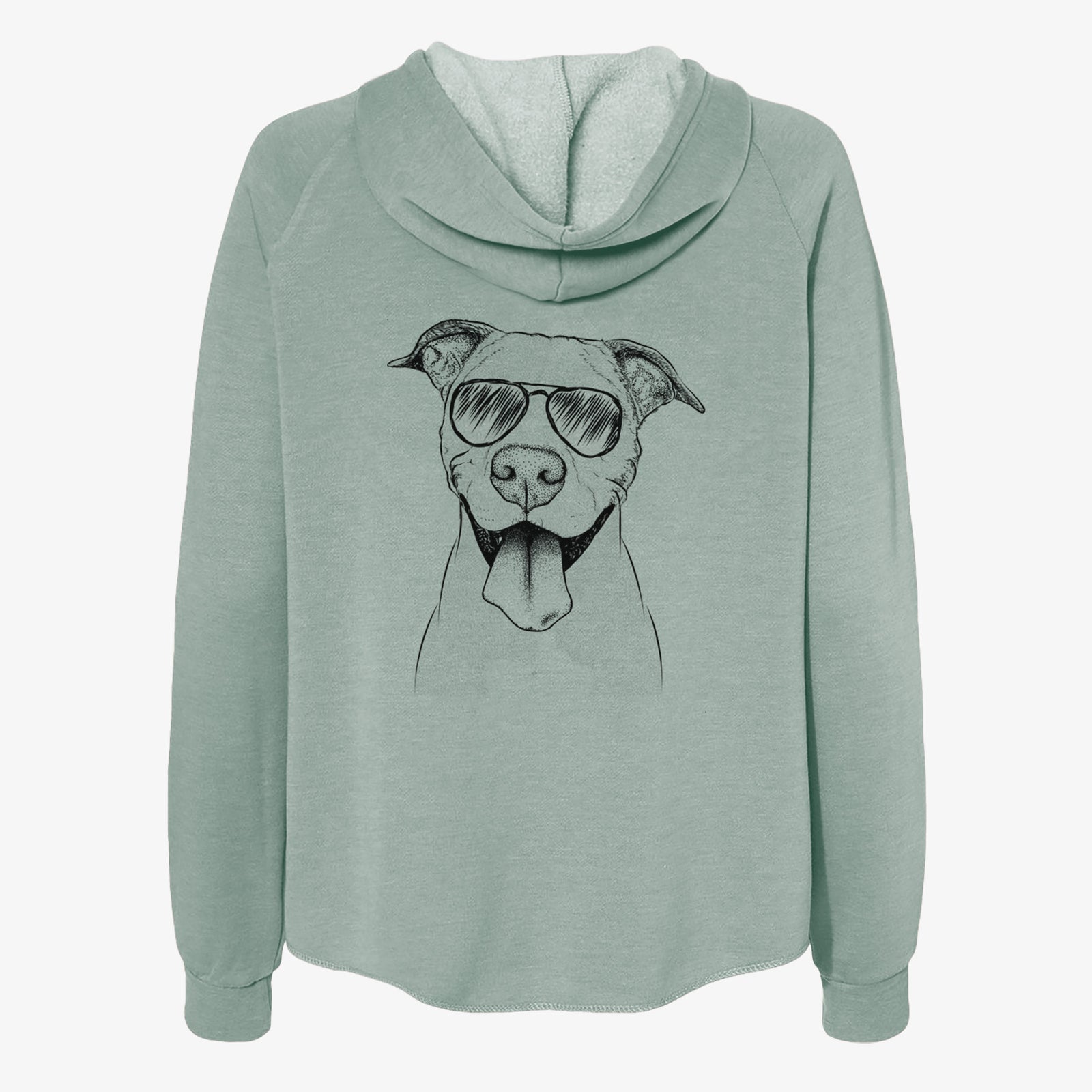 Hand-drawn sketch of Bruce the American Staffordshire Terrier wearing aviator sunglasses on a Sage Women's cali wave zip-up sweatshirt