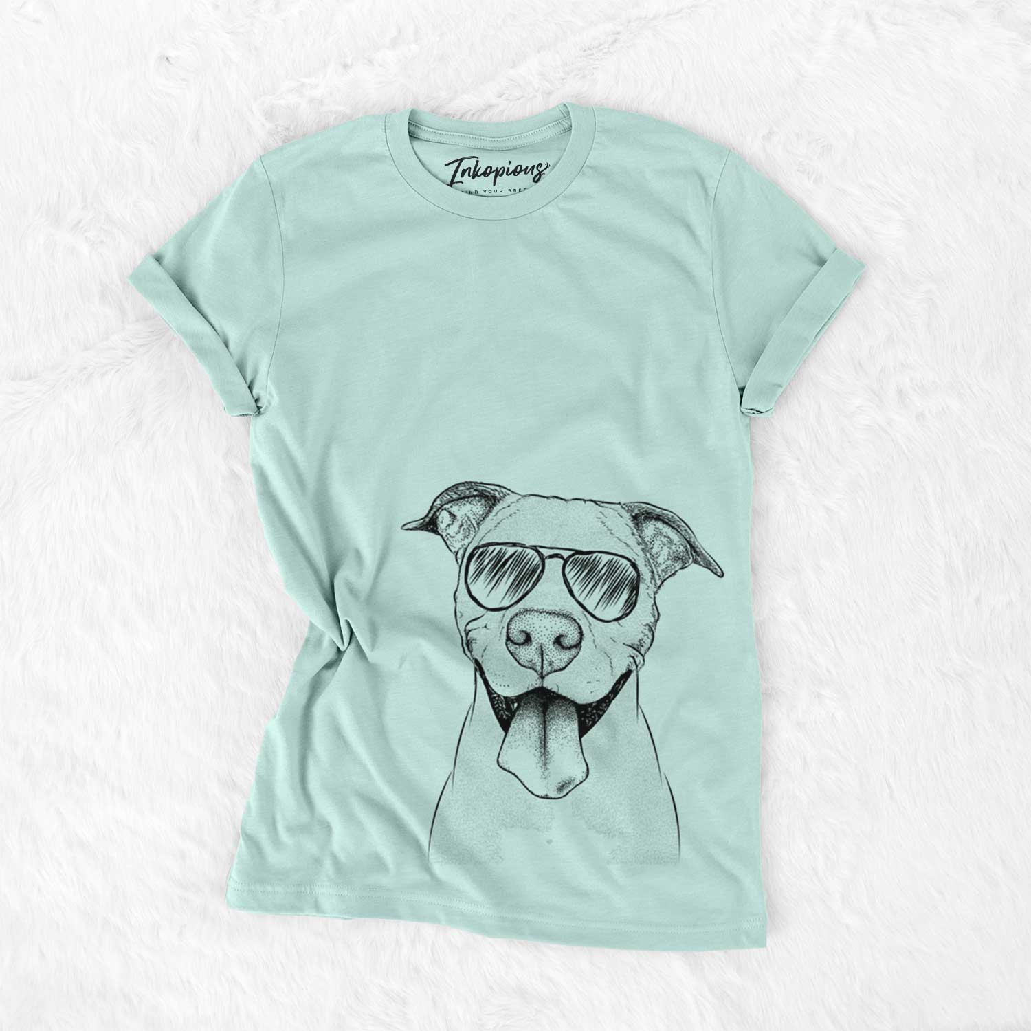 Hand-drawn sketch of Bruce the American Staffordshire Terrier wearing aviator sunglasses on a Heather Sage Unisex crewneck