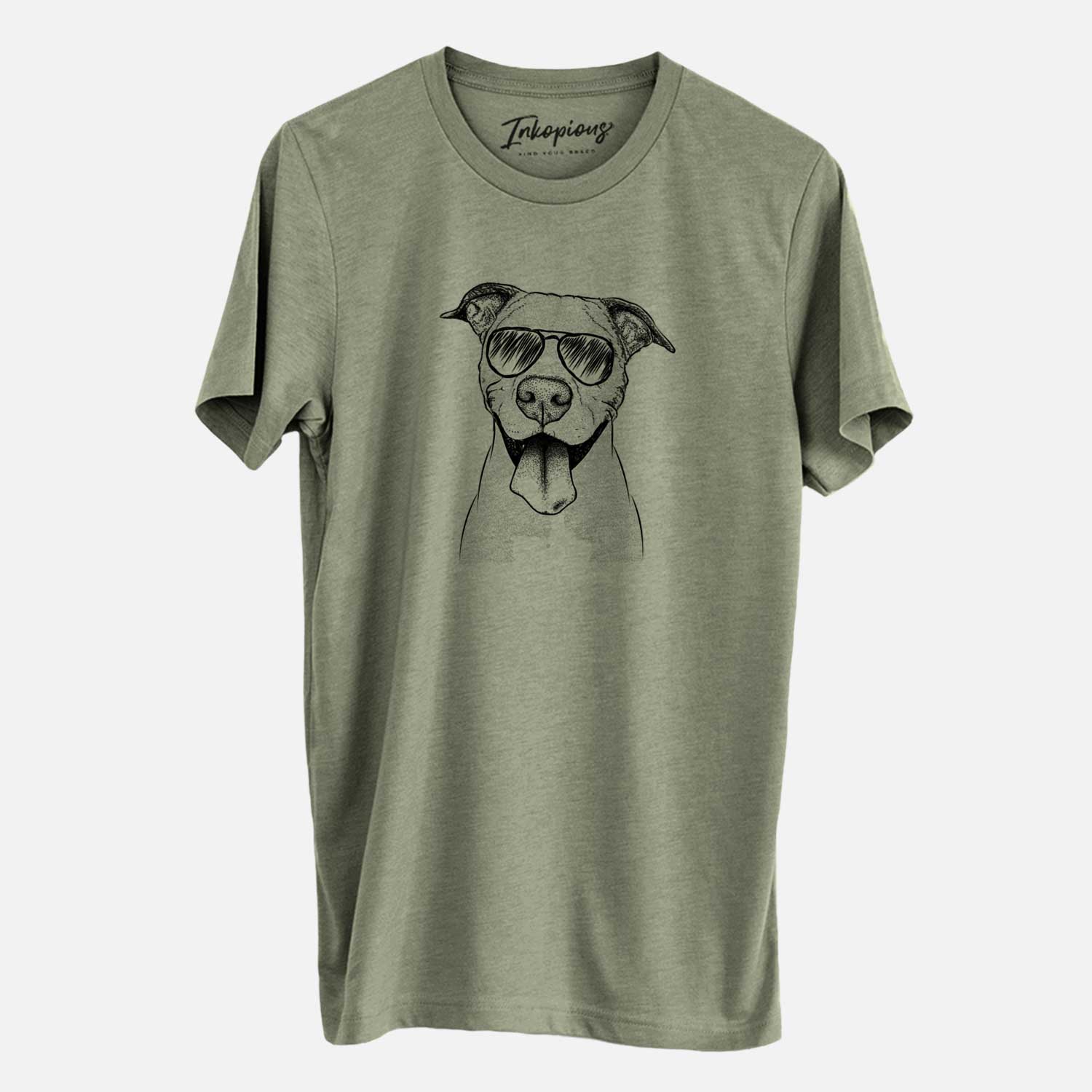 Hand-drawn sketch of Bruce the American Staffordshire Terrier wearing aviator sunglasses on an Olive Unisex crewneck