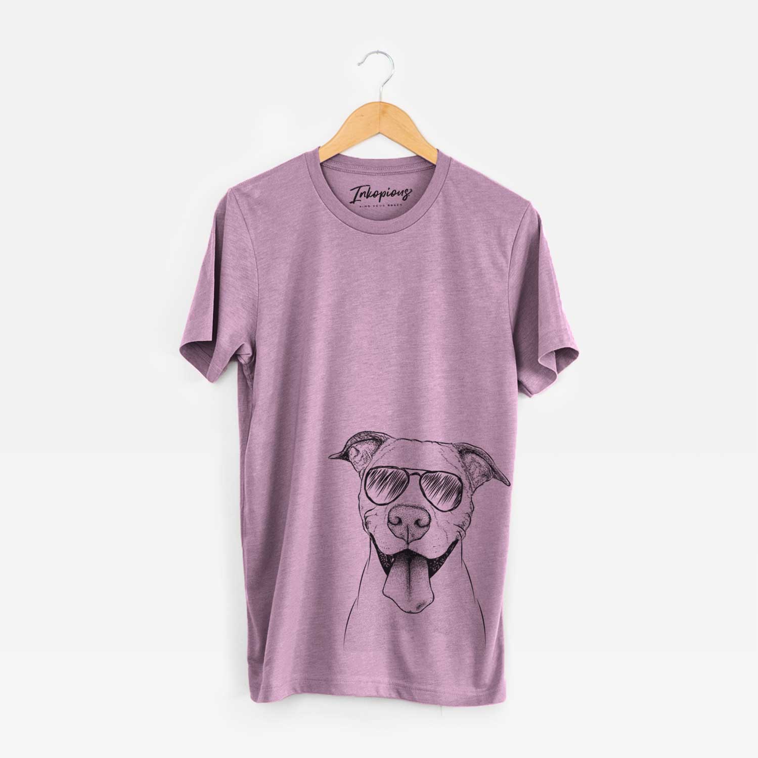 Hand-drawn sketch of Bruce the American Staffordshire Terrier wearing aviator sunglasses on an Orchid Unisex crewneck