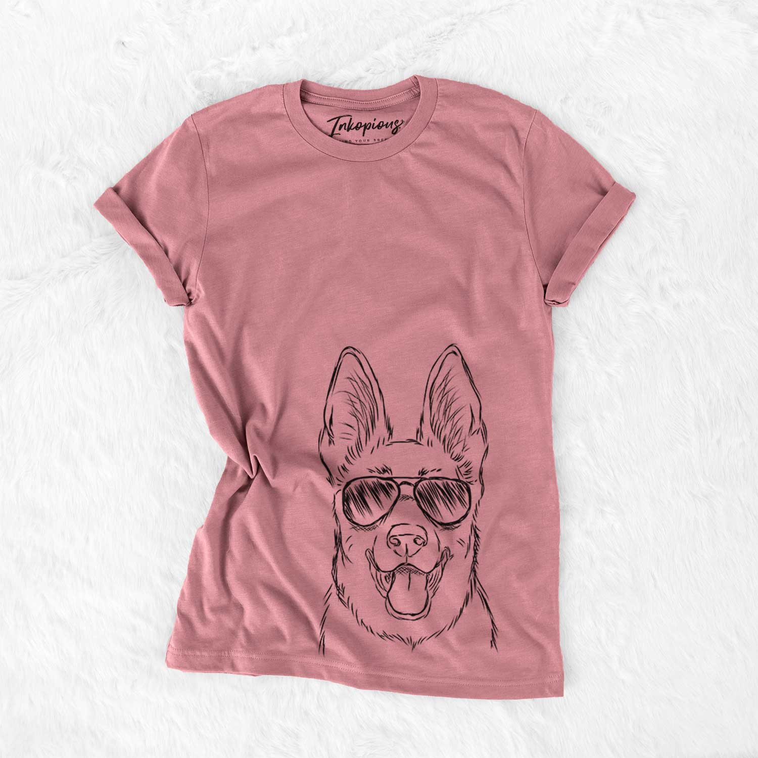 Hand-drawn sketch of Brutus the German Shepherd wearing aviator sunglasses on a Mauve Bella Canvas Unisex Crewneck