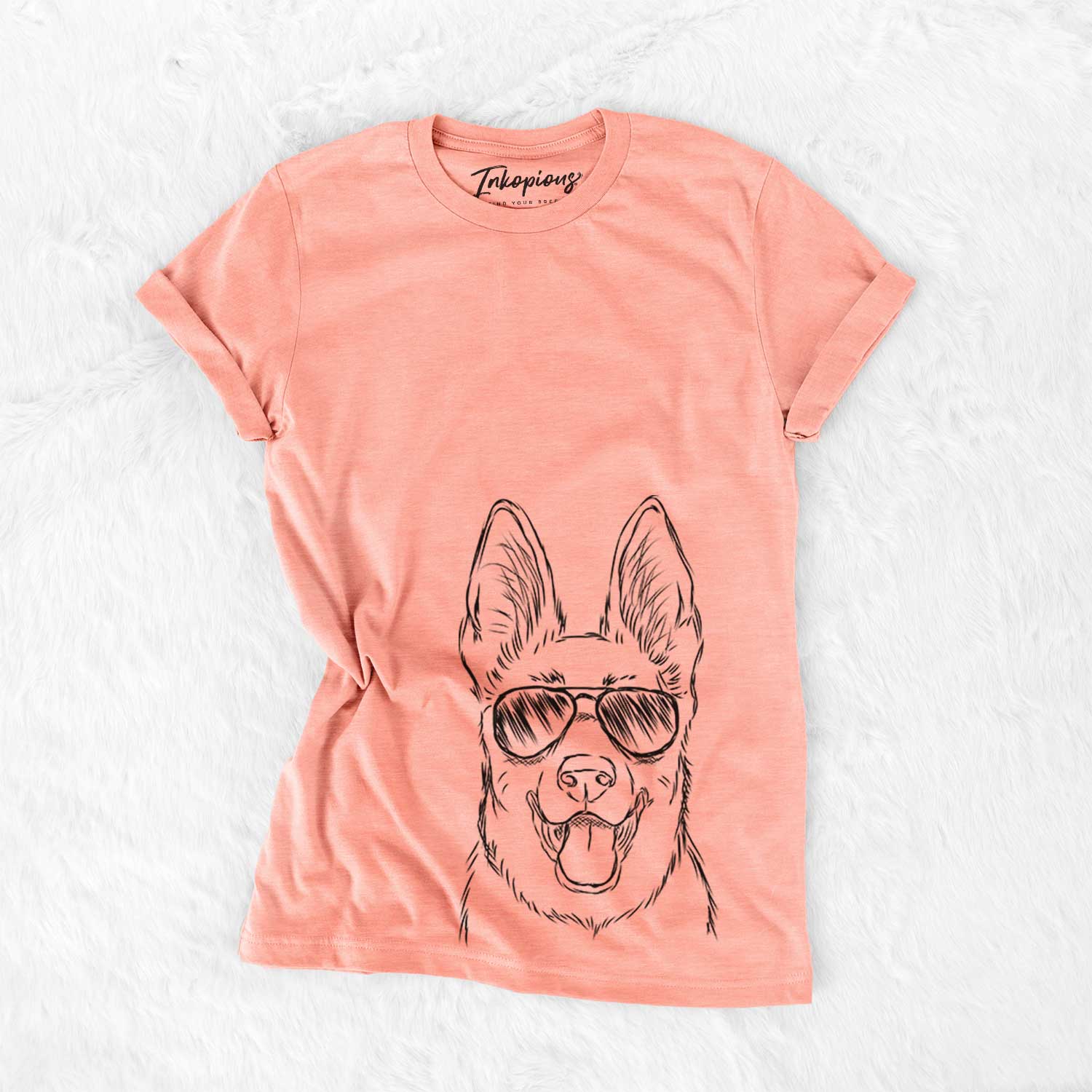 Hand-drawn sketch of Brutus the German Shepherd wearing aviator sunglasses on a Sunset Bella Canvas Unisex Crewneck