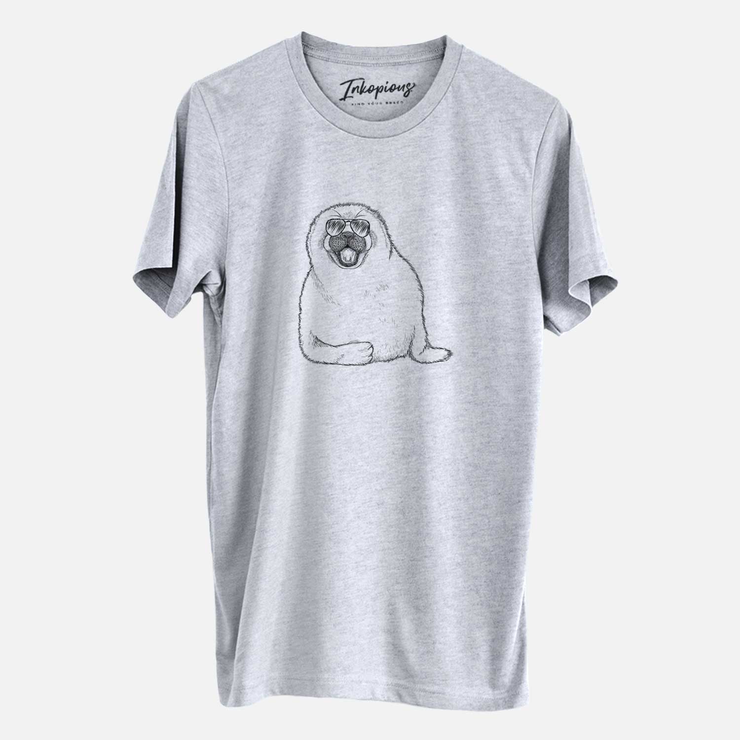 Hand-drawn sketch of Bub the Harp Seal wearing aviator sunglasses on a Grey Unisex crewneck