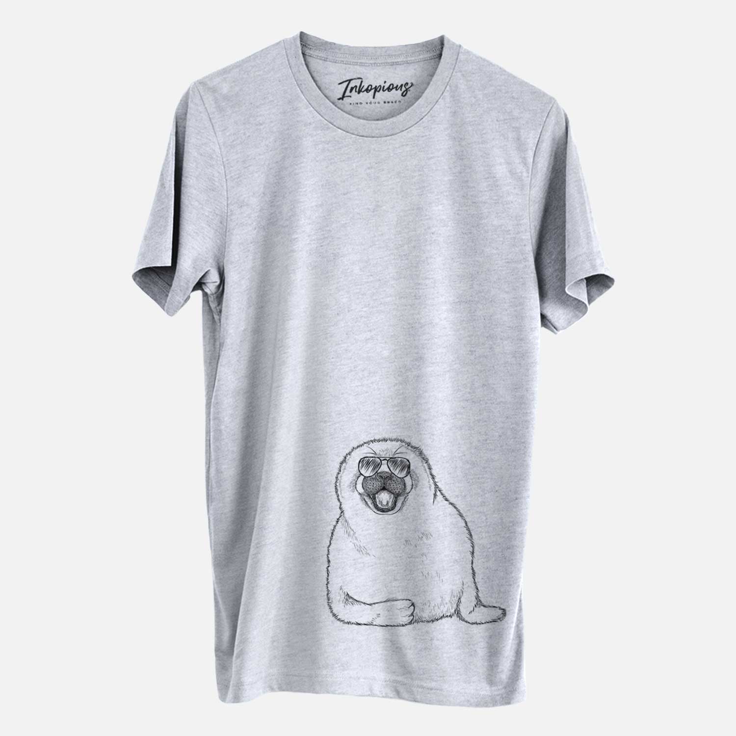 Hand-drawn sketch of Bub the Harp Seal wearing aviator sunglasses on a Grey Unisex crewneck