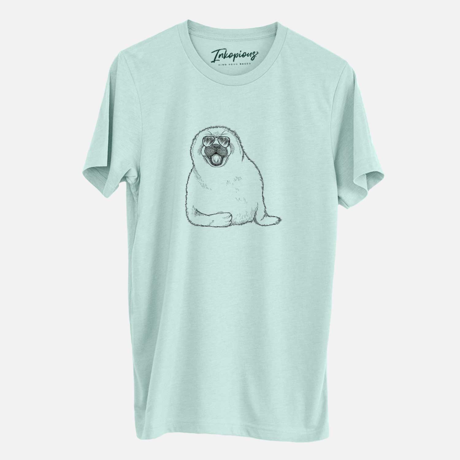 Hand-drawn sketch of Bub the Harp Seal wearing aviator sunglasses on a Heather Sage Unisex crewneck